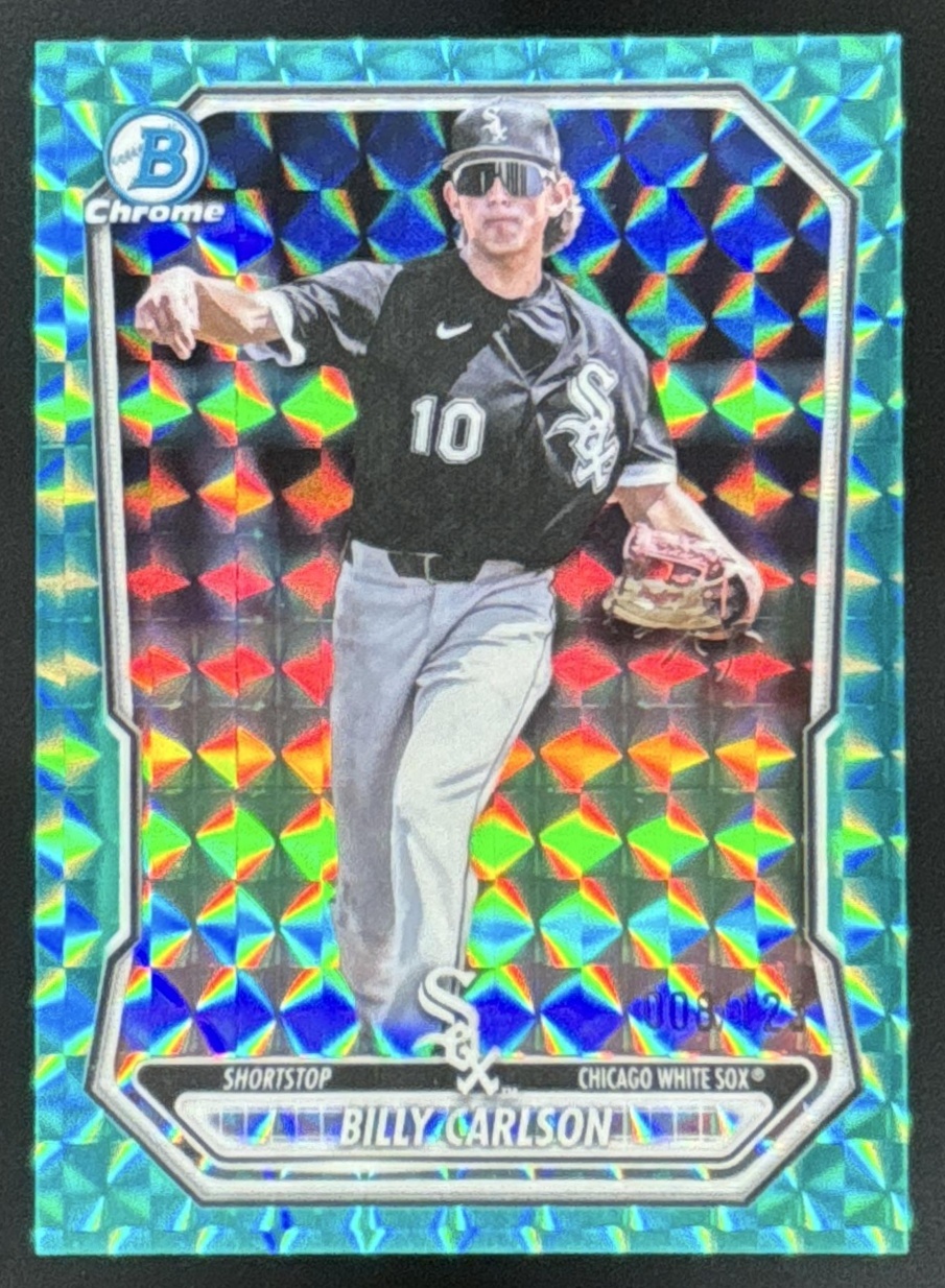 Card image for 2026 Bowman Billy Carlson Chrome Prospects Aqua Geometric Refractor /125