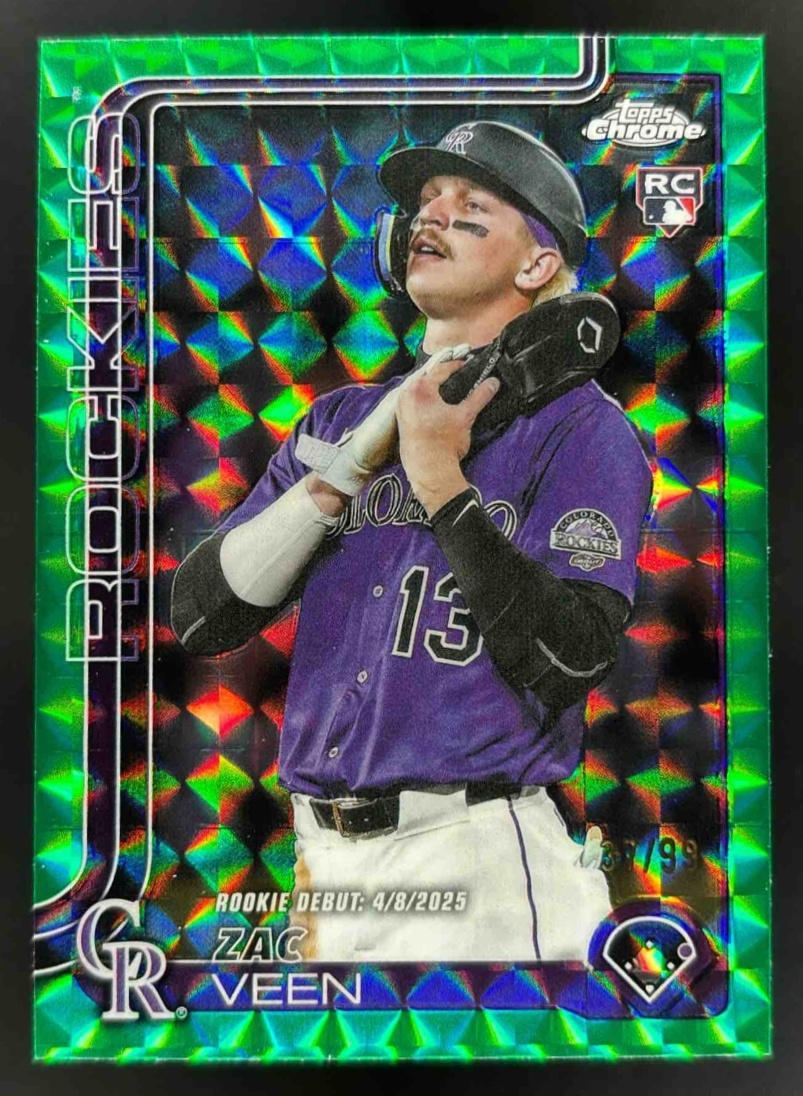 Card image for 2025 Topps Chrome Update Zac Veen Green Geometric Refractor /99 RC