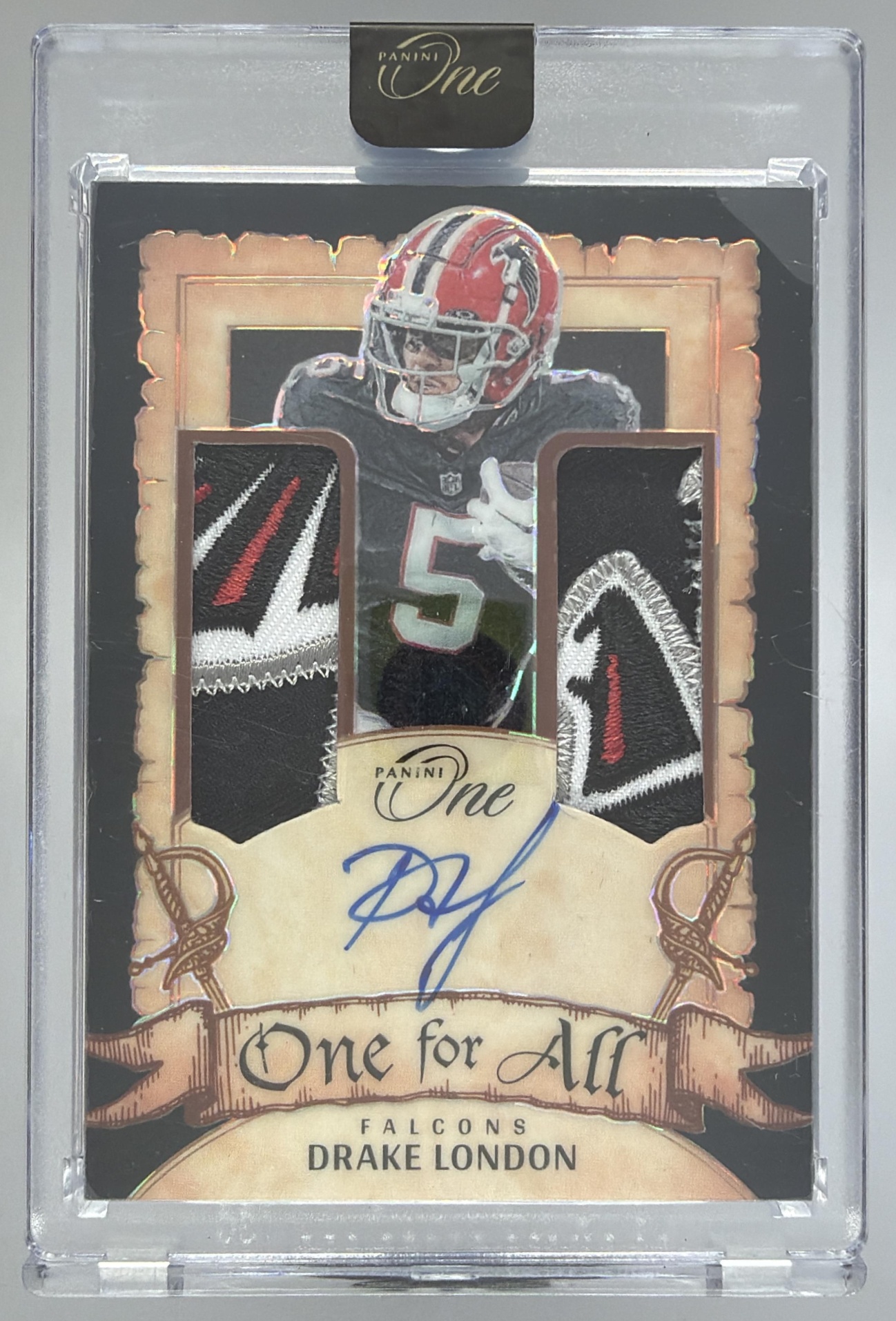 Card image for 2024 Panini One Drake London Man Show Platinum /5 #180 Auto Falcons