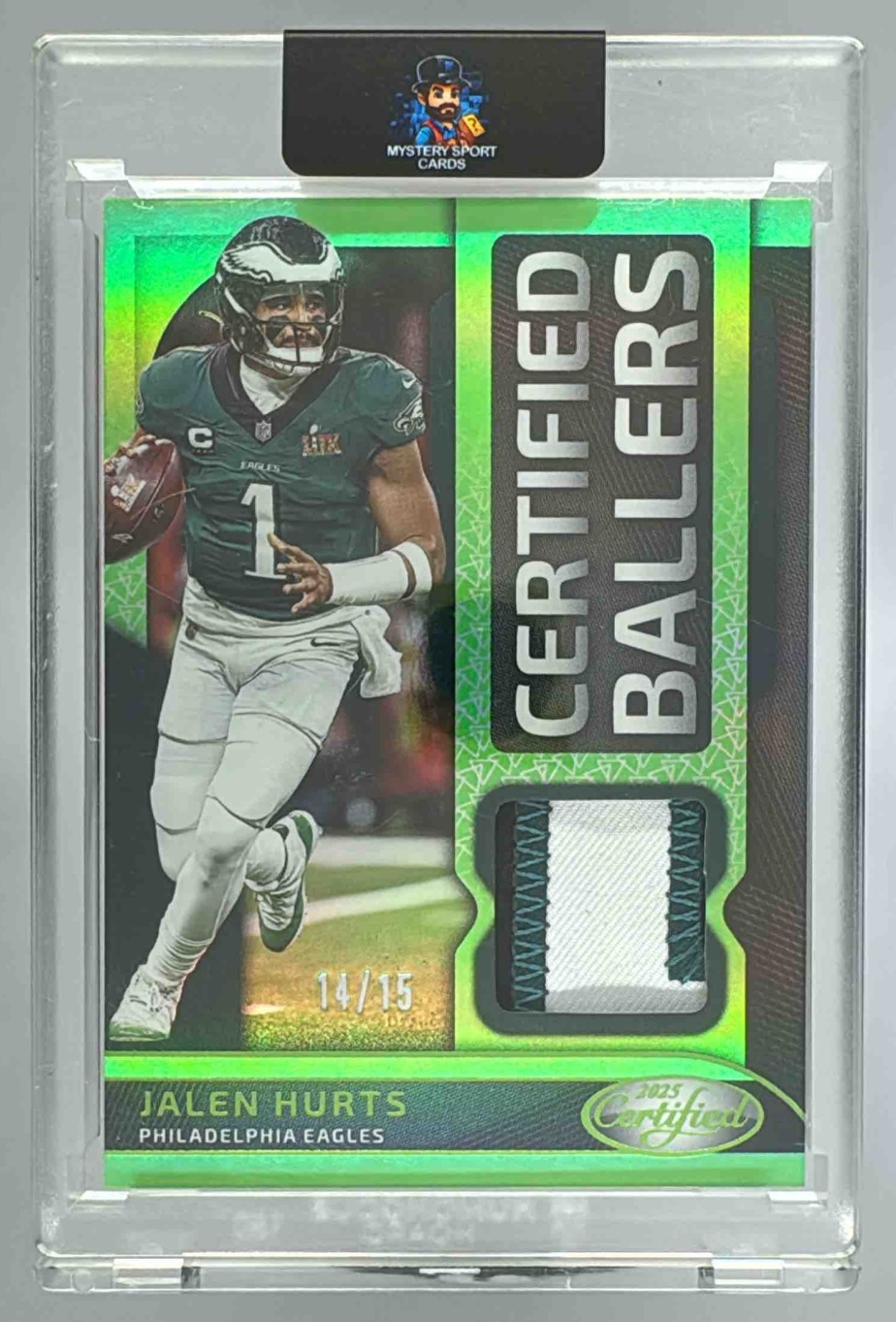 Card image for 2025 Panini Certified Jalen Hurts Ballers Mirror Lime Green /15 #CBM-JHS MEM Eagles
