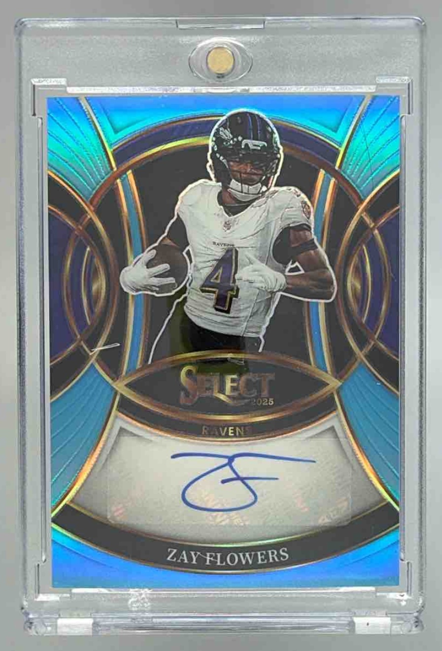 Card image for 2025 Panini Select Zay Flowers Signatures Light Blue Prizm /49 #SP-ZFS Auto Ravens