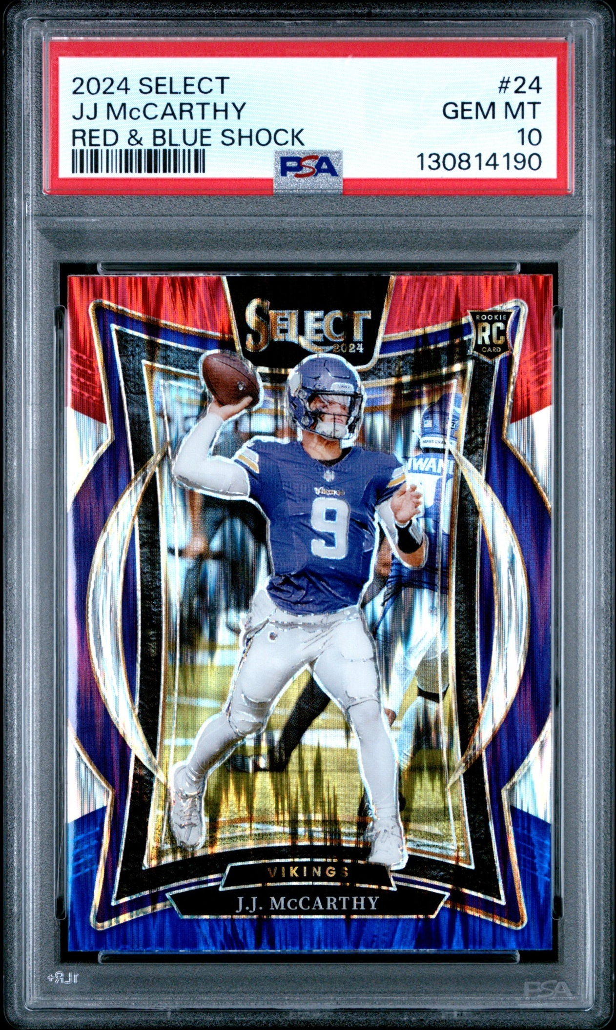 Card image for 2024 Panini Select J.J. McCarthy Concourse Green and Yellow Prizm Shock #24 RC Vikings