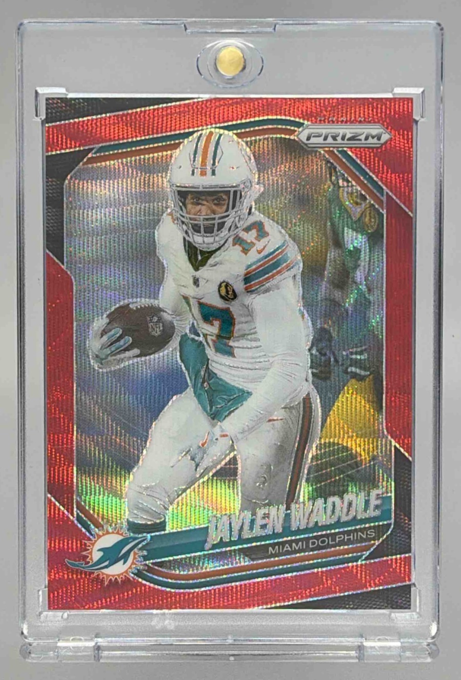 Card image for 2025 Panini Football Prizm Jaylen Waddle Red Wave /149 #172 Miami Dolphins