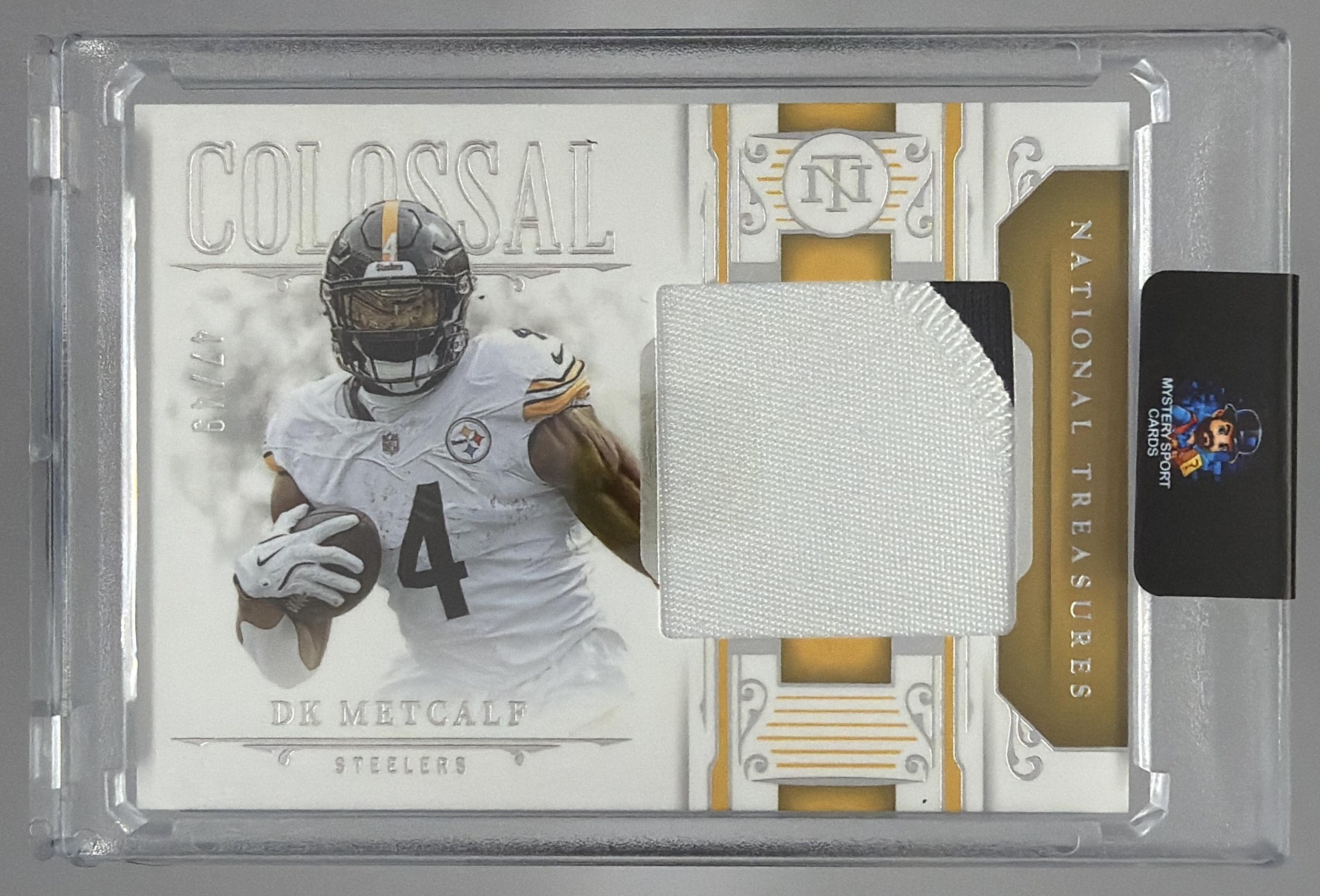 Card image for 2025 Panini National Treasures DK Metcalf Century Materials /99 #CM-DKM MEM Steelers
