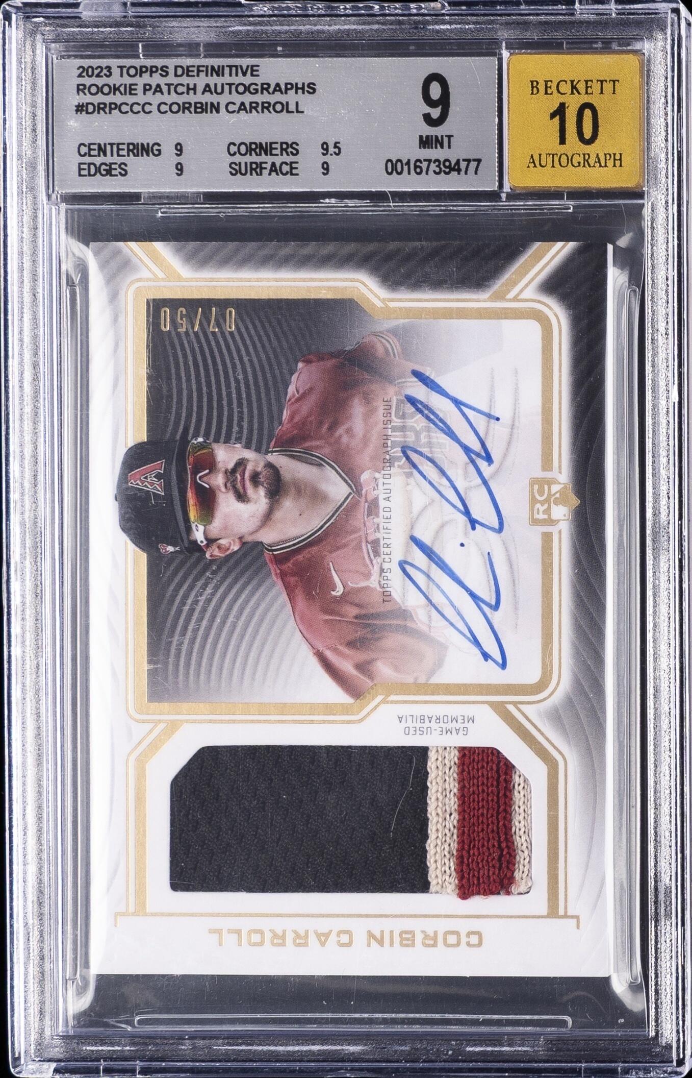 2023 Topps Definitive Corbin Carroll Rookie Patch Auto /50 #DRPC-CC RC BGS 9