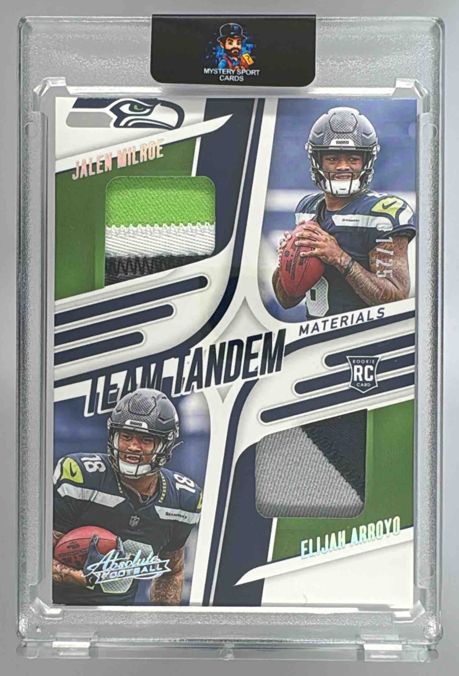 Card image for 2025 Panini Absolute Jalen Milroe Elijah Arroyo Team Tandem Materials Holo Silver /25 #TTM-SES Seahawks