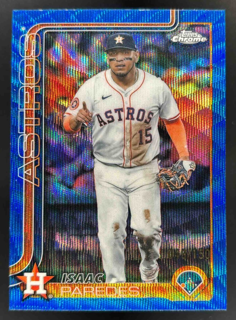 Card image for 2025 Topps Chrome Update Isaac Paredes Blue Wave Refractor /150 #USC29 Astros