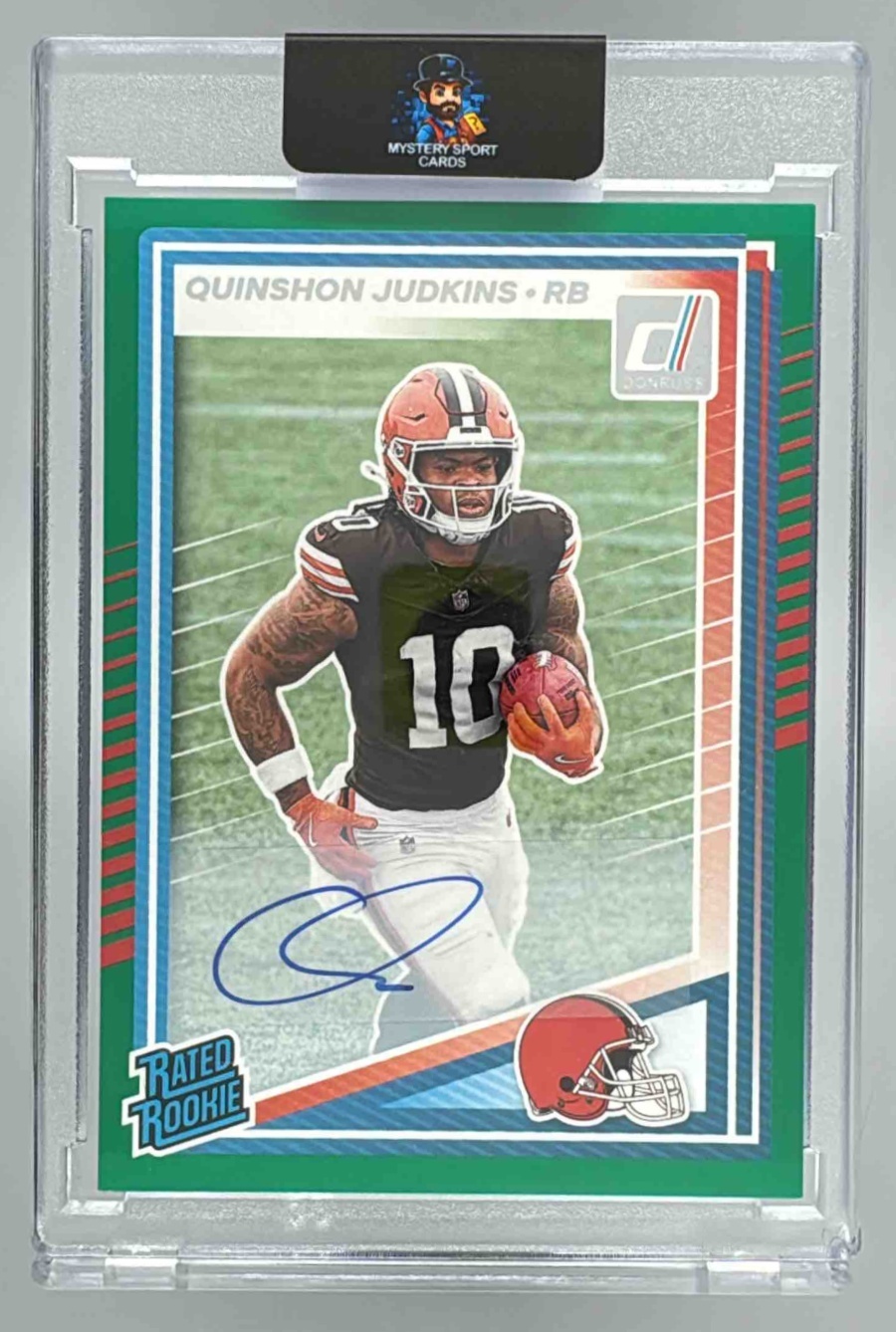 Card image for 2025 Panini Donruss Quinshon Judkins Rated Rookie Auto Green #330 RC Browns