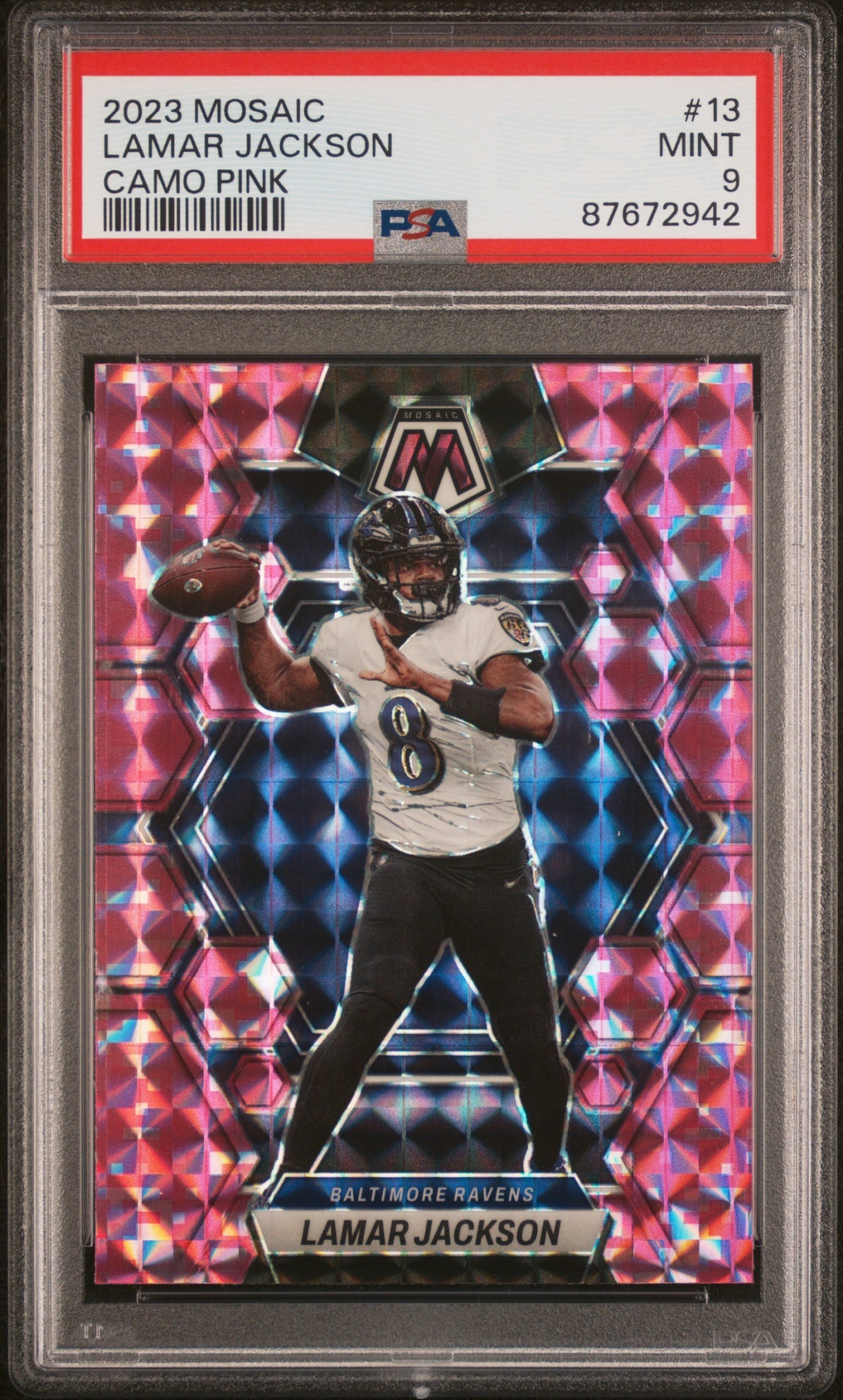 Card image for 2023 Panini Football Mosaic Lamar Jackson Camo Pink Mosaic #13 Baltimore Ravens