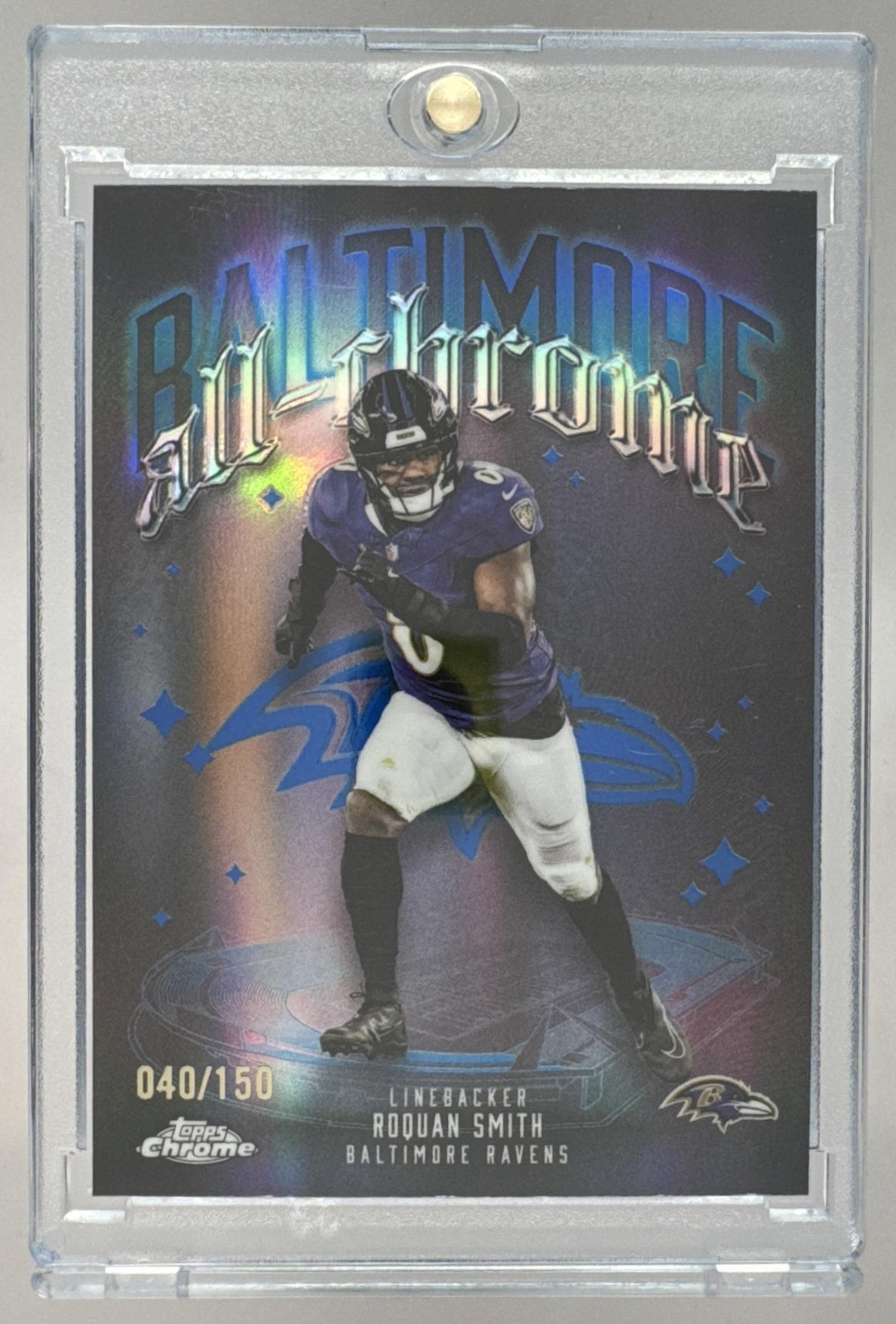 Card image for 2025 Topps Chrome Roquan Smith All Team Blue Refractor /150 #ACT-21 Ravens