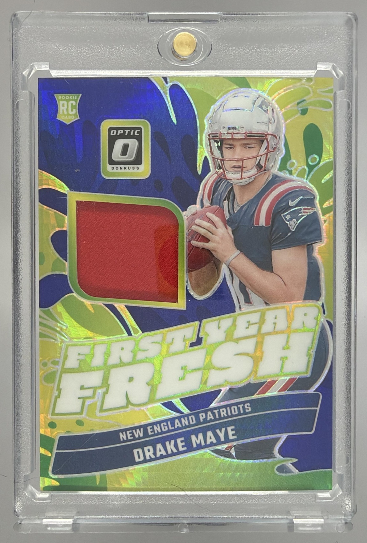 Card image for 2024 Panini Donruss Optic Drake Maye First Year Fresh Blue Hyper #FYF-DME MEM RC Patriots
