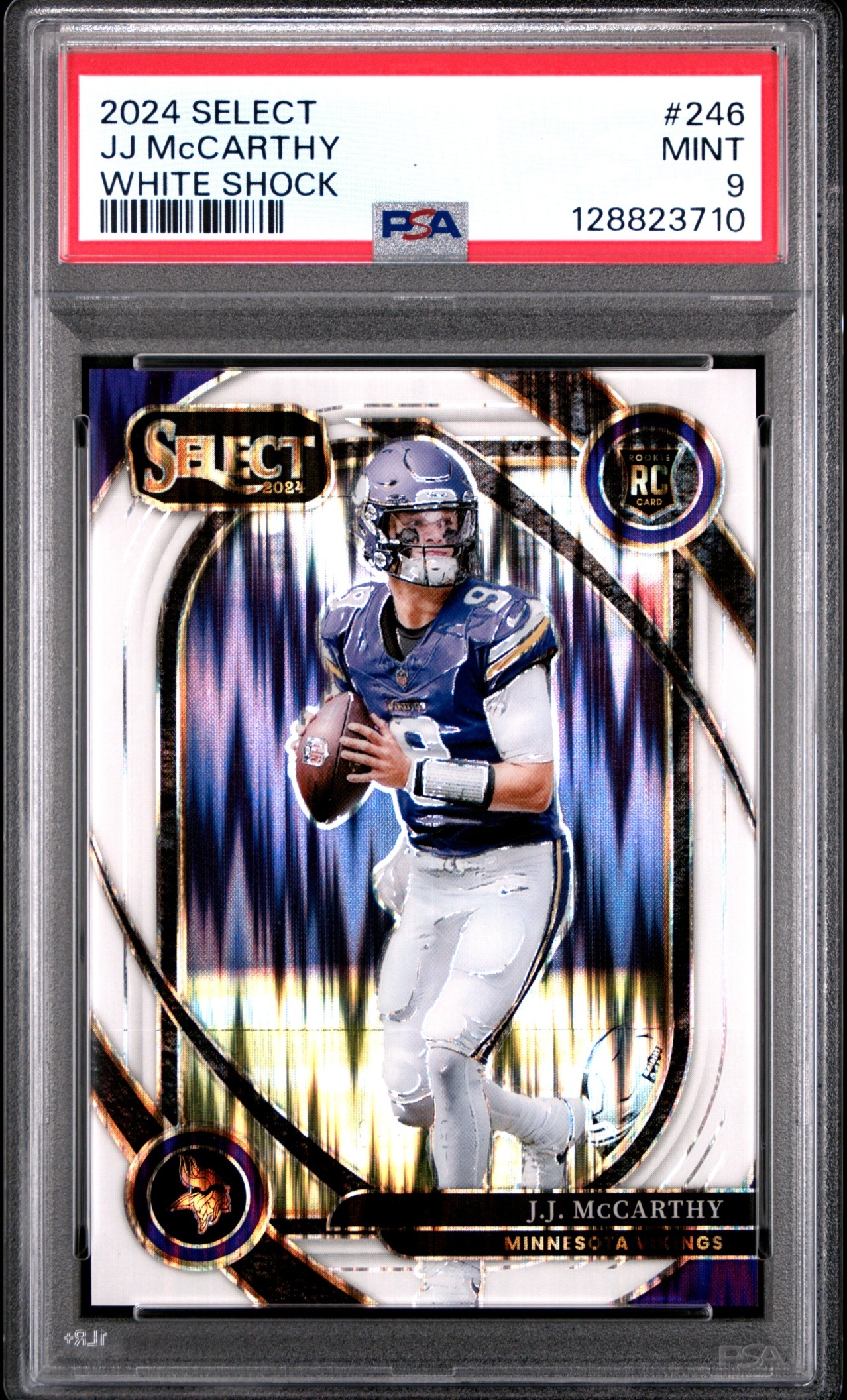 Card image for 2024 Panini Select J.J. McCarthy Club White Sparkle #246 RC Vikings
