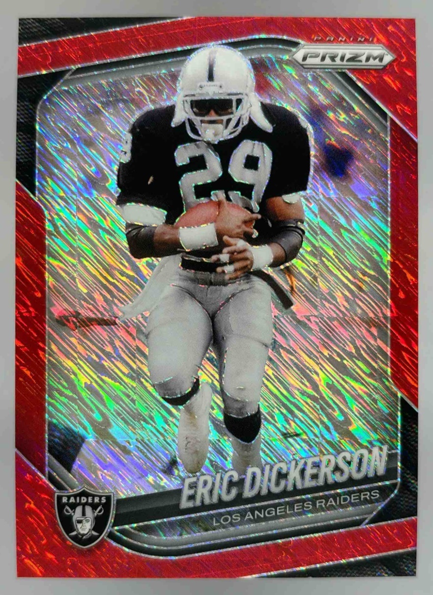 Card image for 2025 Panini Prizm Eric Dickerson Red Shimmer /49 #83 Raiders