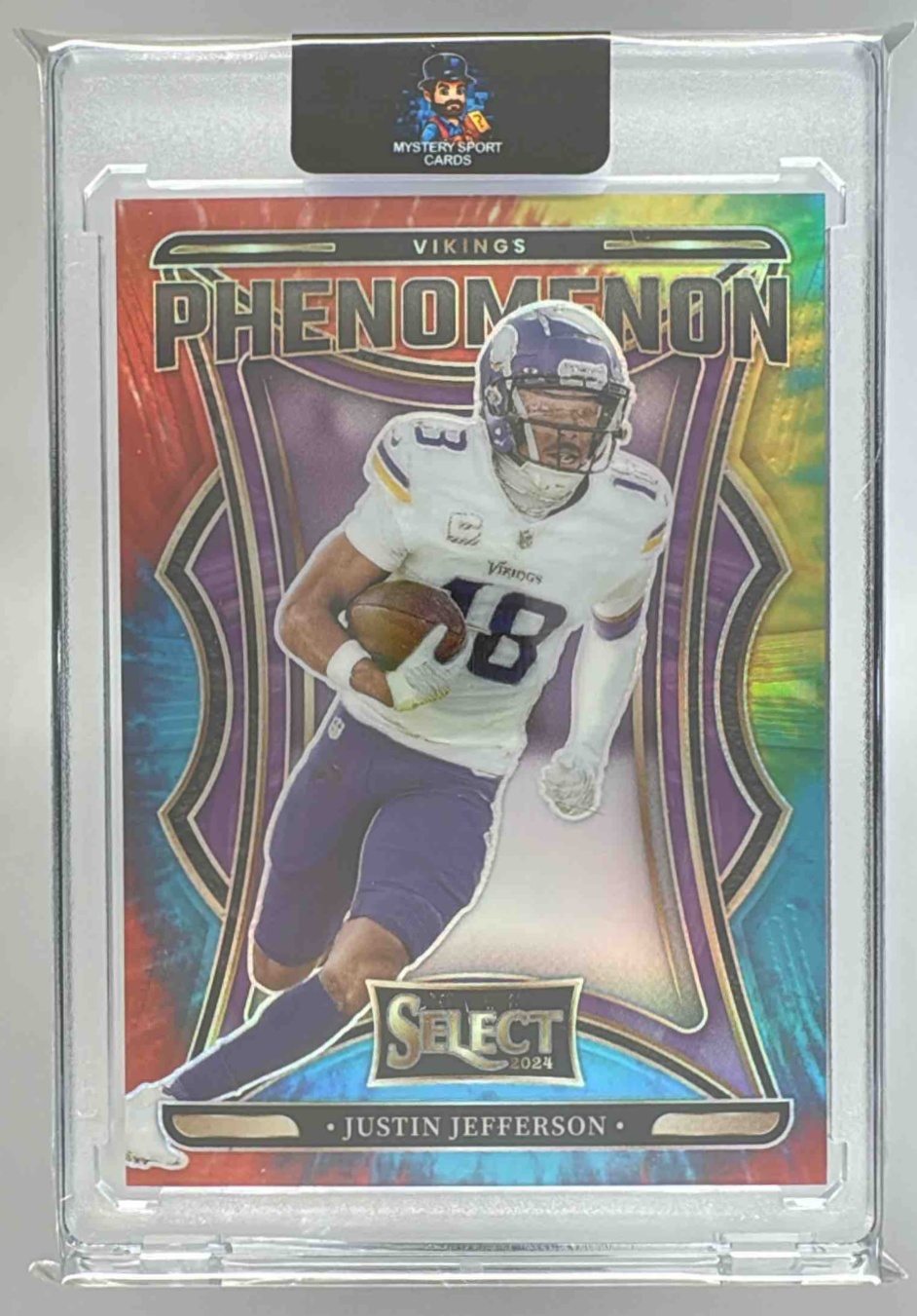 Card image for 2024 Panini Select Justin Jefferson Phenomenon Tie-Dye Prizm /25 #21 Vikings