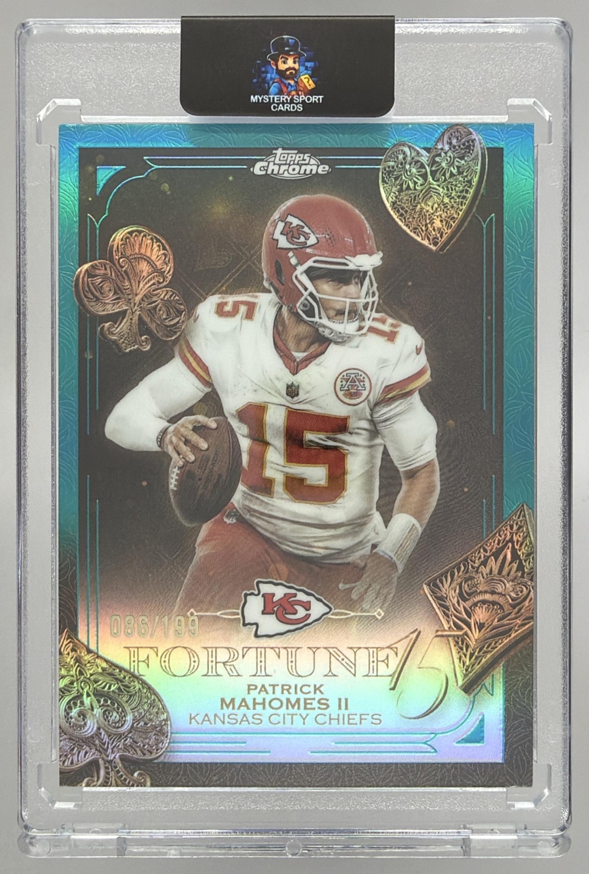 Card image for 2025 Topps Chrome Patrick Mahomes II Fortune 15 Aqua Refractor /199 #F15-6 Chiefs