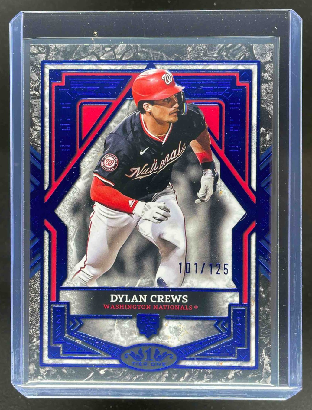 Card image for Dylan Crews 2025 Topps Tier One 3 Blue Foil #78 RC /125 Washington Nationals