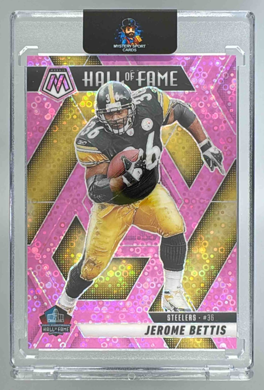 Card image for 2025 Panini Mosaic Jerome Bettis Hall of Fame No Huddle Pink Prizm /20 #298 Steelers