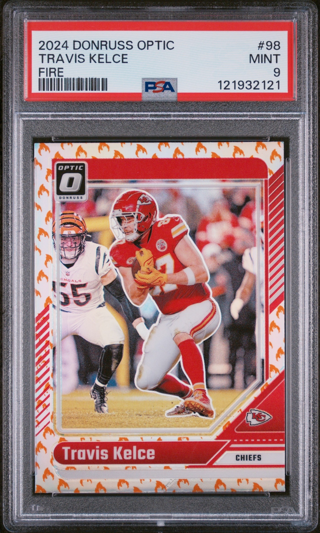 Card image for 2024 Panini Football Donruss Optic Travis Kelce Fire #98 Kansas City Chiefs