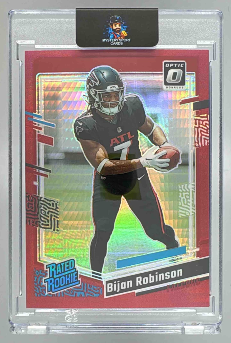 Card image for 2023 Panini Donruss Optic Bijan Robinson Red Mojo Prizm #206 RC Rated Rookie Falcons