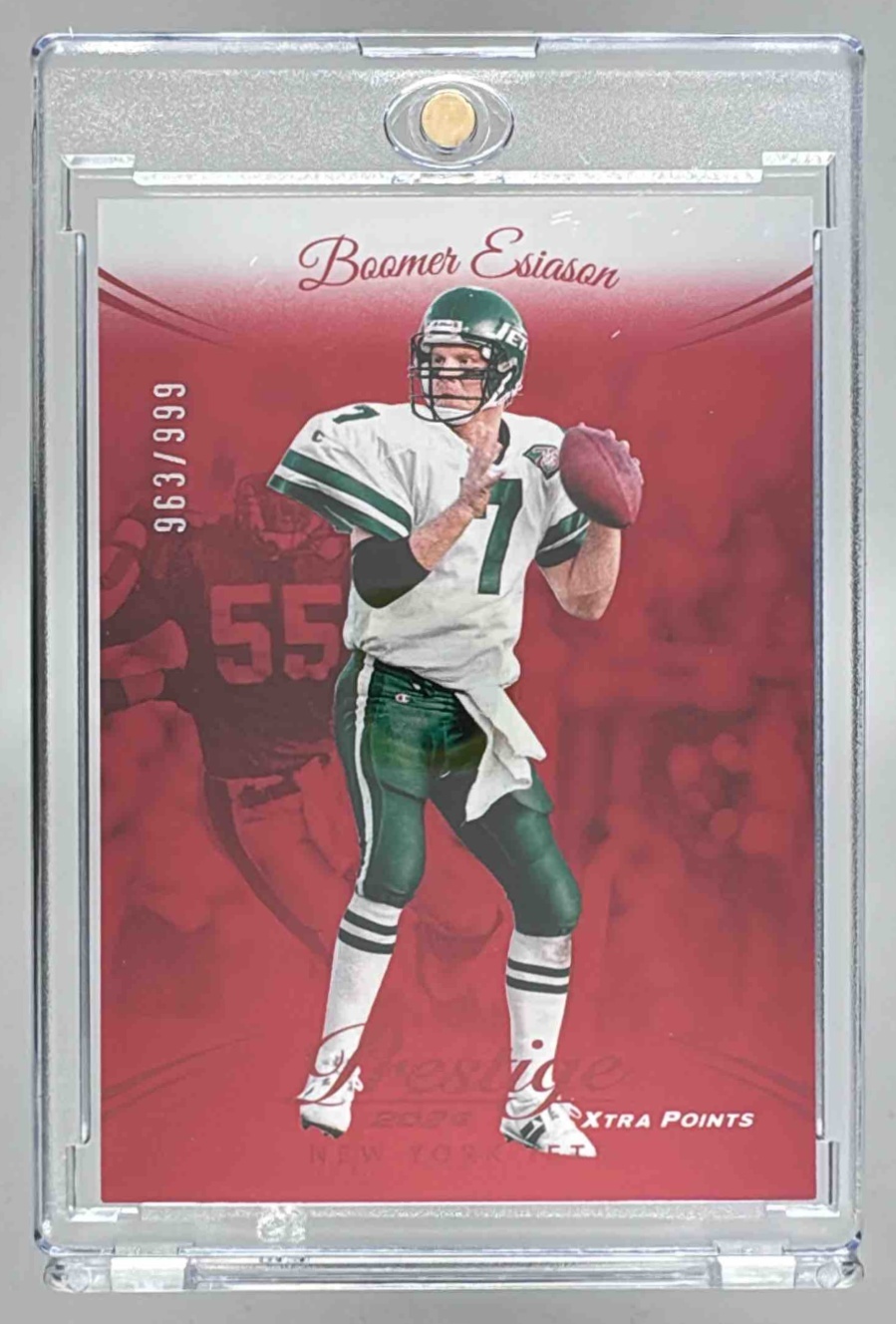 Card image for 2024 Panini Prestige Boomer Esiason Red Xtra Points /999 #236 Jets