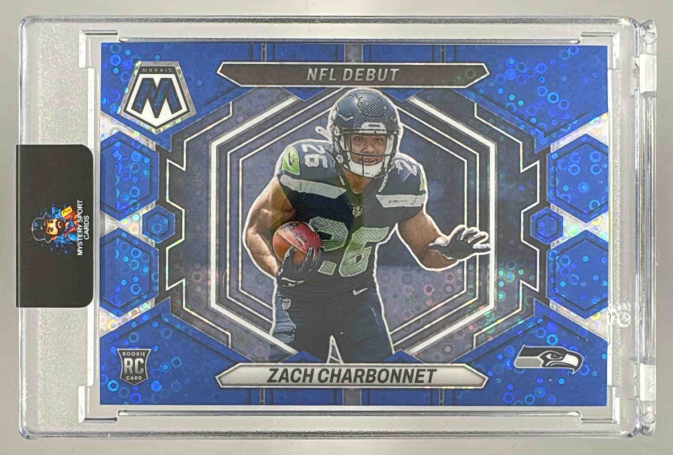 Card image for 2023 Panini Mosaic Zach Charbonnet Blue No Huddle Mosaic Prizm /75 #ND-11 RC NFL Debut Seahawks