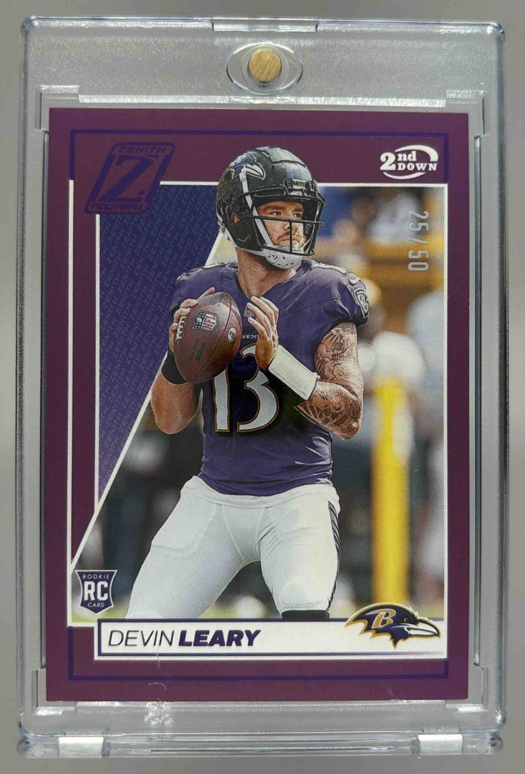 Card image for 2024 Panini Football Zenith Devin Leary 2nd Down /50 #127 RC Baltimore Ravens