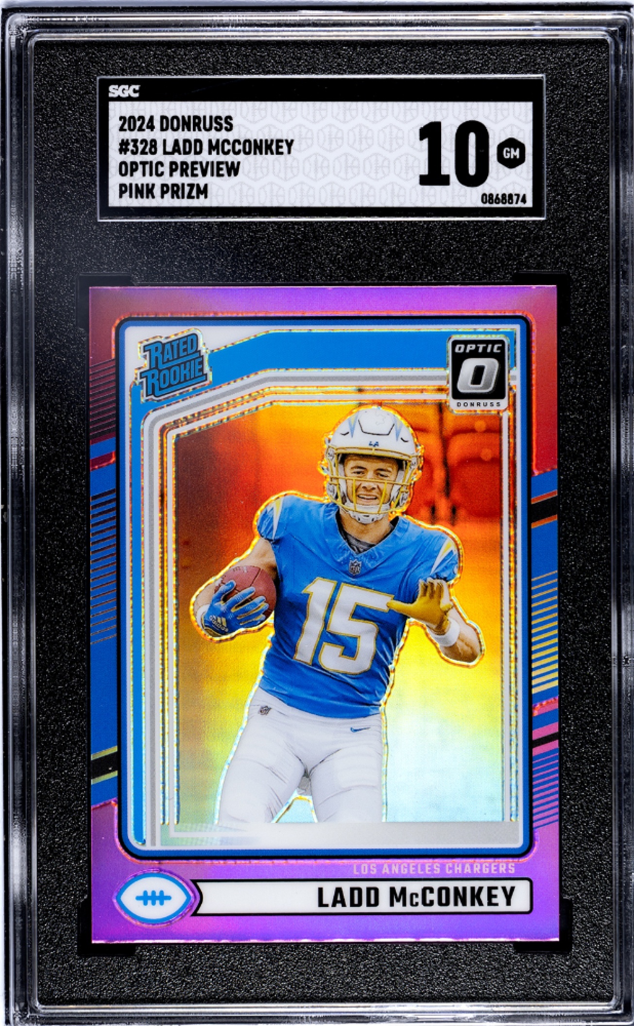 Card image for 2024 Panini Donruss Ladd McConkey Optic Rated Rookie Preview Red and Green #328 Chargers