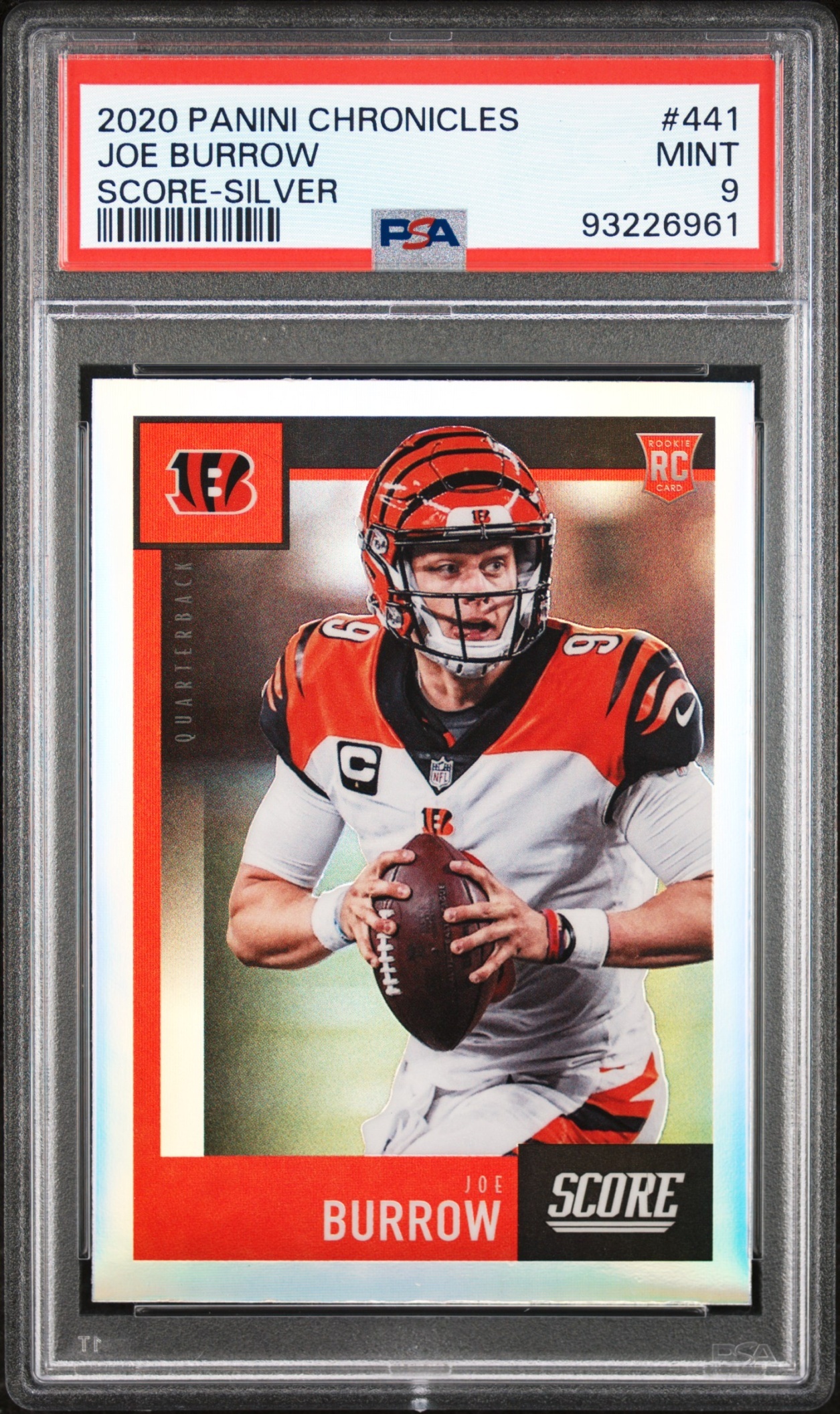 Card image for 2020 Panini Chronicles Joe Burrow Score Update Rookies Silver #441 RC Bengals