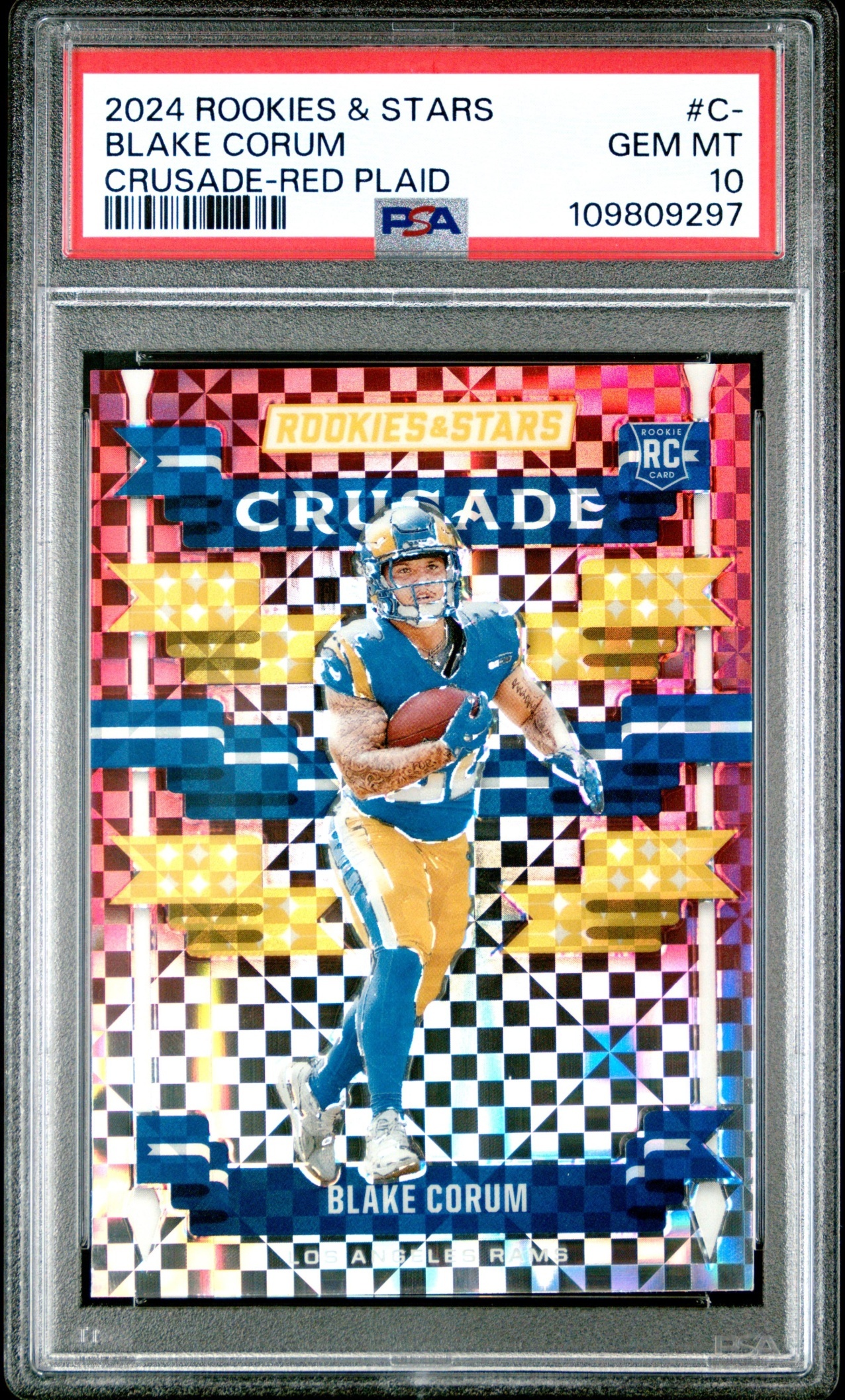 Card image for 2024 Panini Rookies & Stars Blake Corum Crusade Red Plaid #C-BCM RC Rams