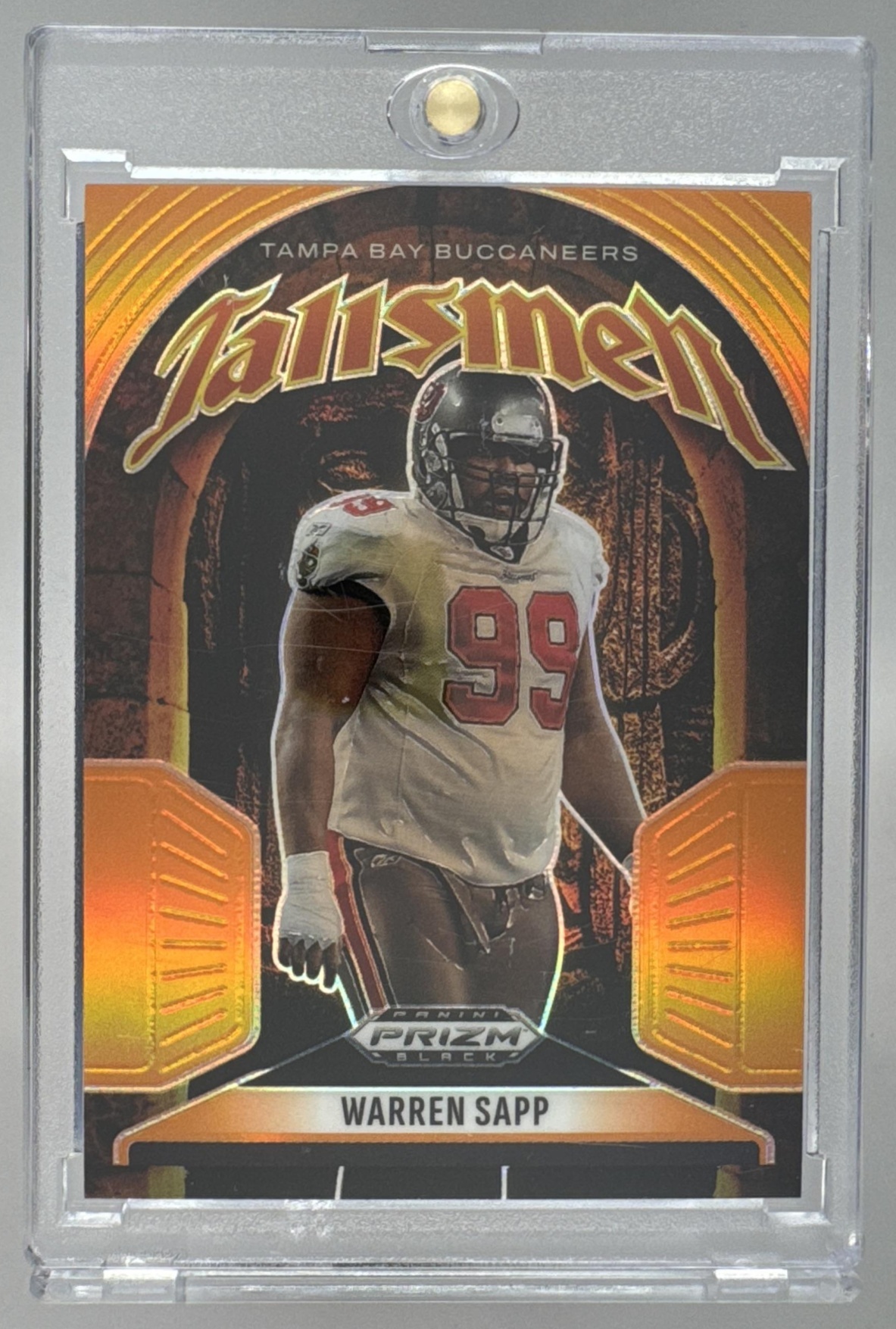 Card image for 2025 Panini Prizm Black Warren Sapp Talismen Orange /49 #14 Buccaneers