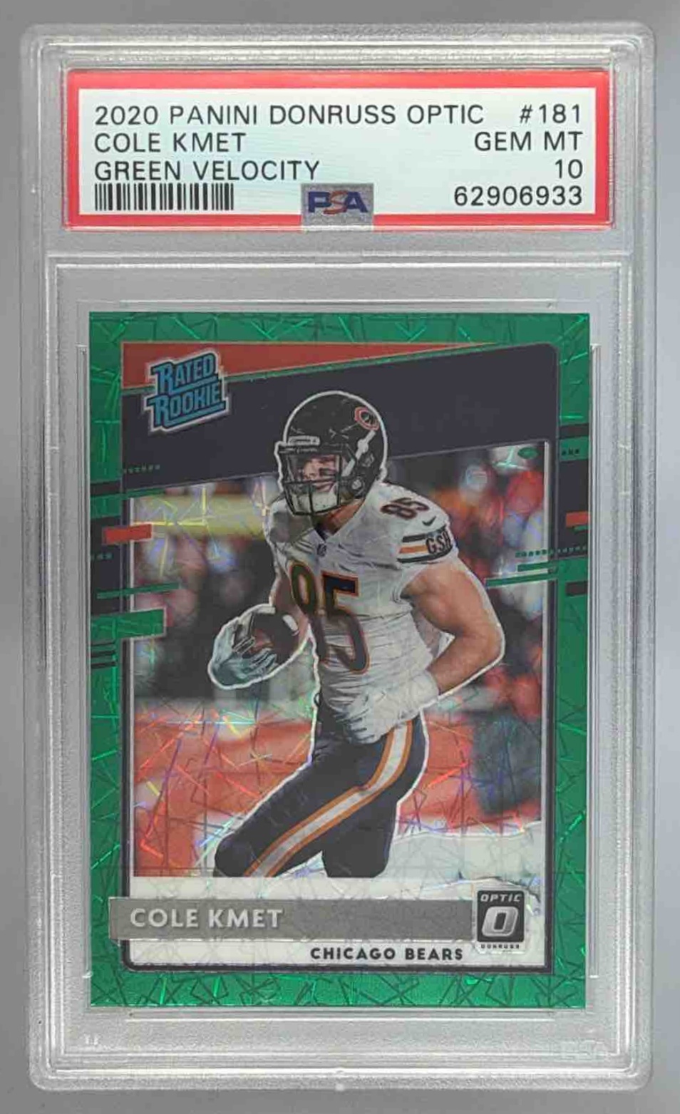 Card image for 2020 Panini Donruss Optic Cole Kmet Green Velocity Prizm #181 RC Bears