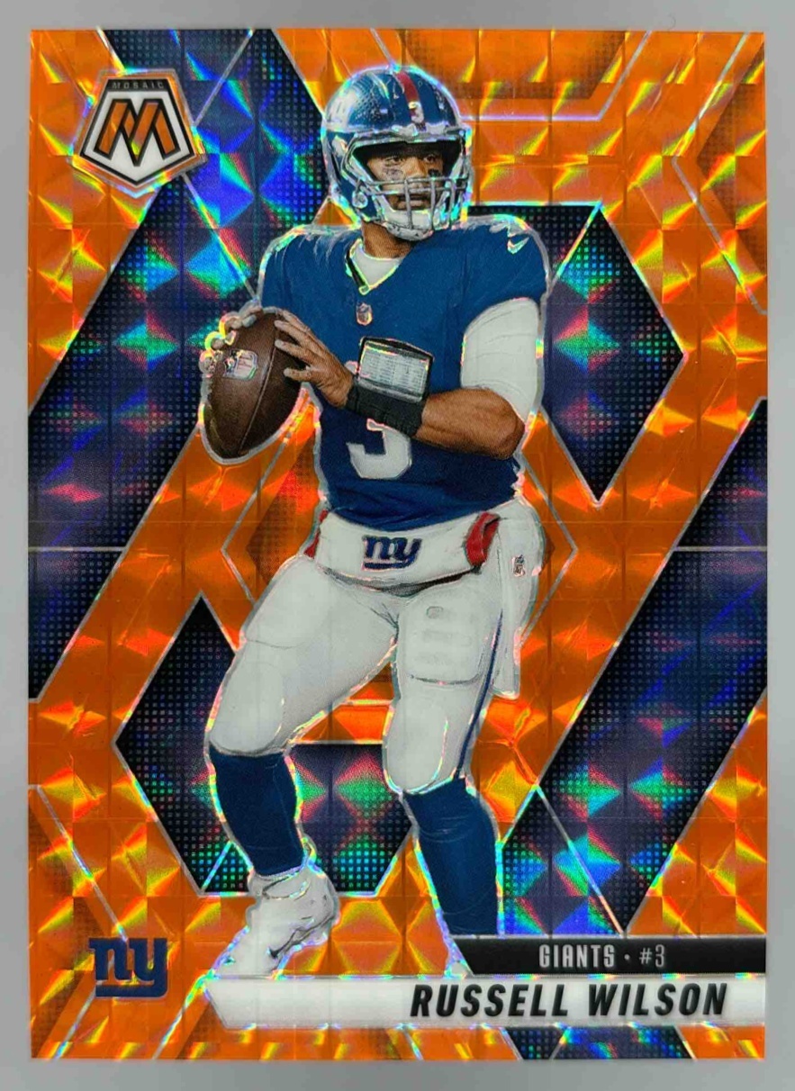 Card image for 2025 Panini Football Mosaic Russell Wilson Orange Prizm /199 #14 New York Giants
