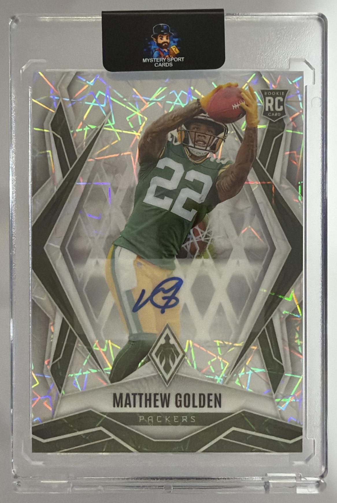 Card image for 2025 Panini Phoenix Matthew Golden Rookies Auto Silver Pandora Prizm #174 RC Packers