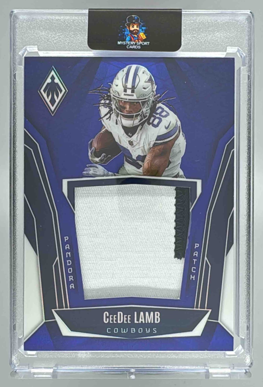 Card image for 2025 Panini Phoenix CeeDee Lamb Pandora Patch Blue Prizm /199 #5 MEM Cowboys