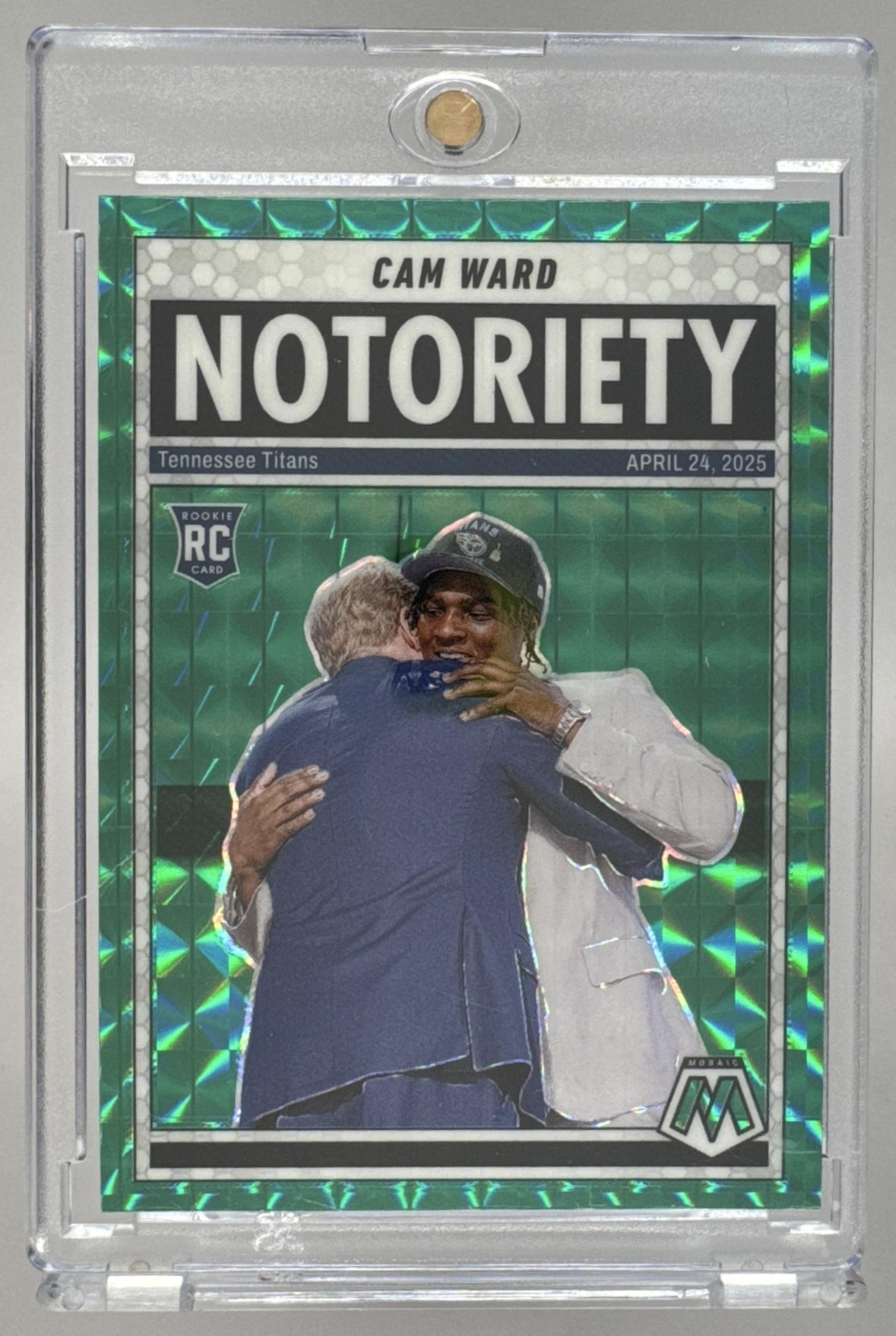 Card image for 2025 Panini Mosaic Cam Ward Notoriety Green Prizm #17 RC Titans