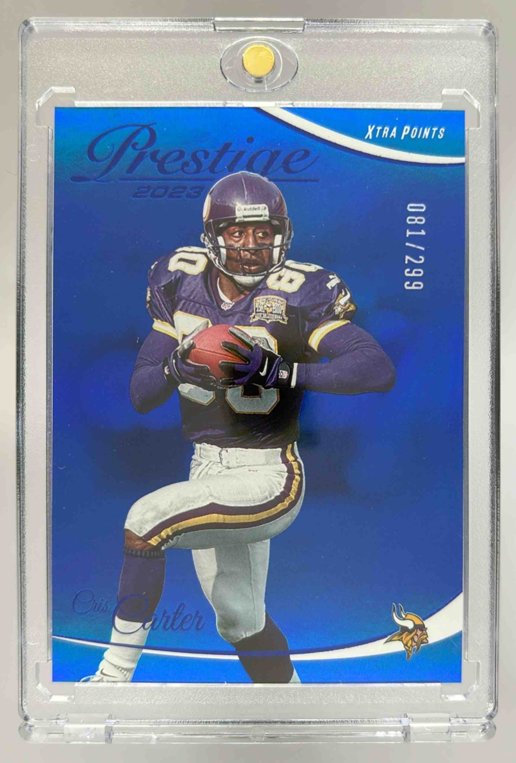 Card image for 2023 Panini Prestige Cris Carter Xtra Points Premium Blue /299 #187 Vikings