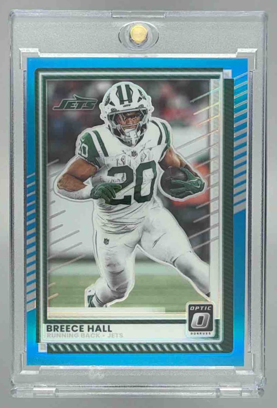 Card image for 2025 Panini Donruss Optic Breece Hall Aqua Prizm /349 #195 Jets