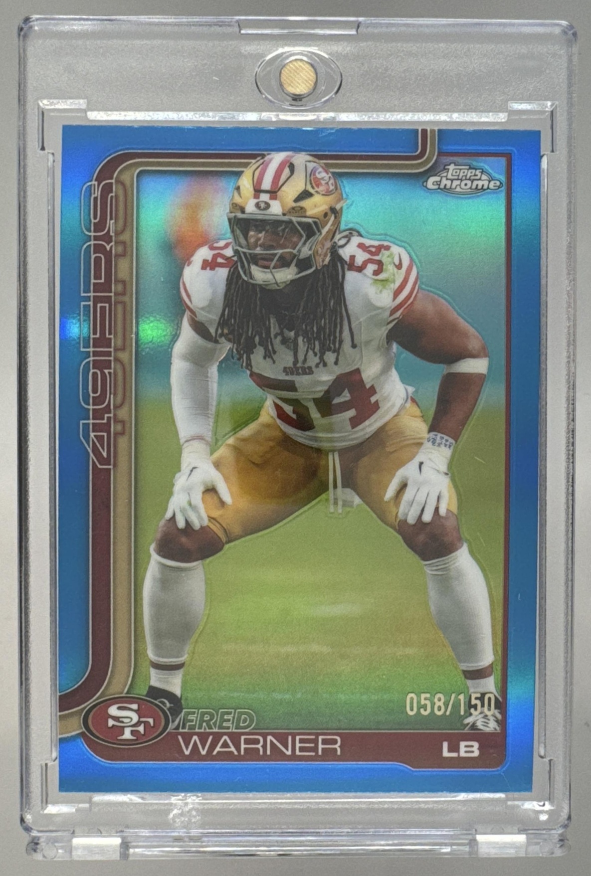 Card image for 2025 Topps Chrome Fred Warner Blue Wave Refractor /150 #268 49ers
