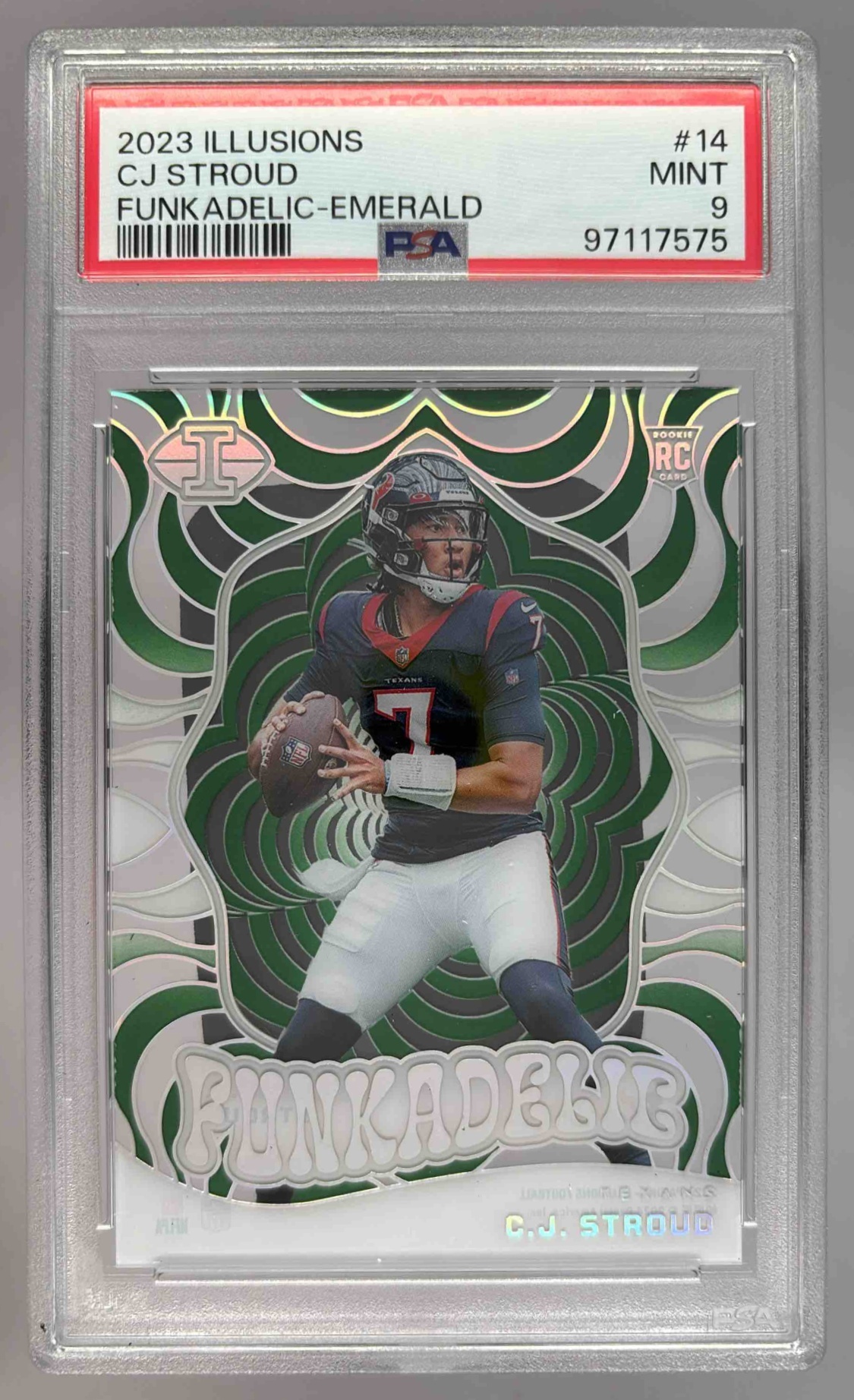 Card image for 2023 Panini Illusions C.J. Stroud Funkadelic Emerald #14 RC Texans