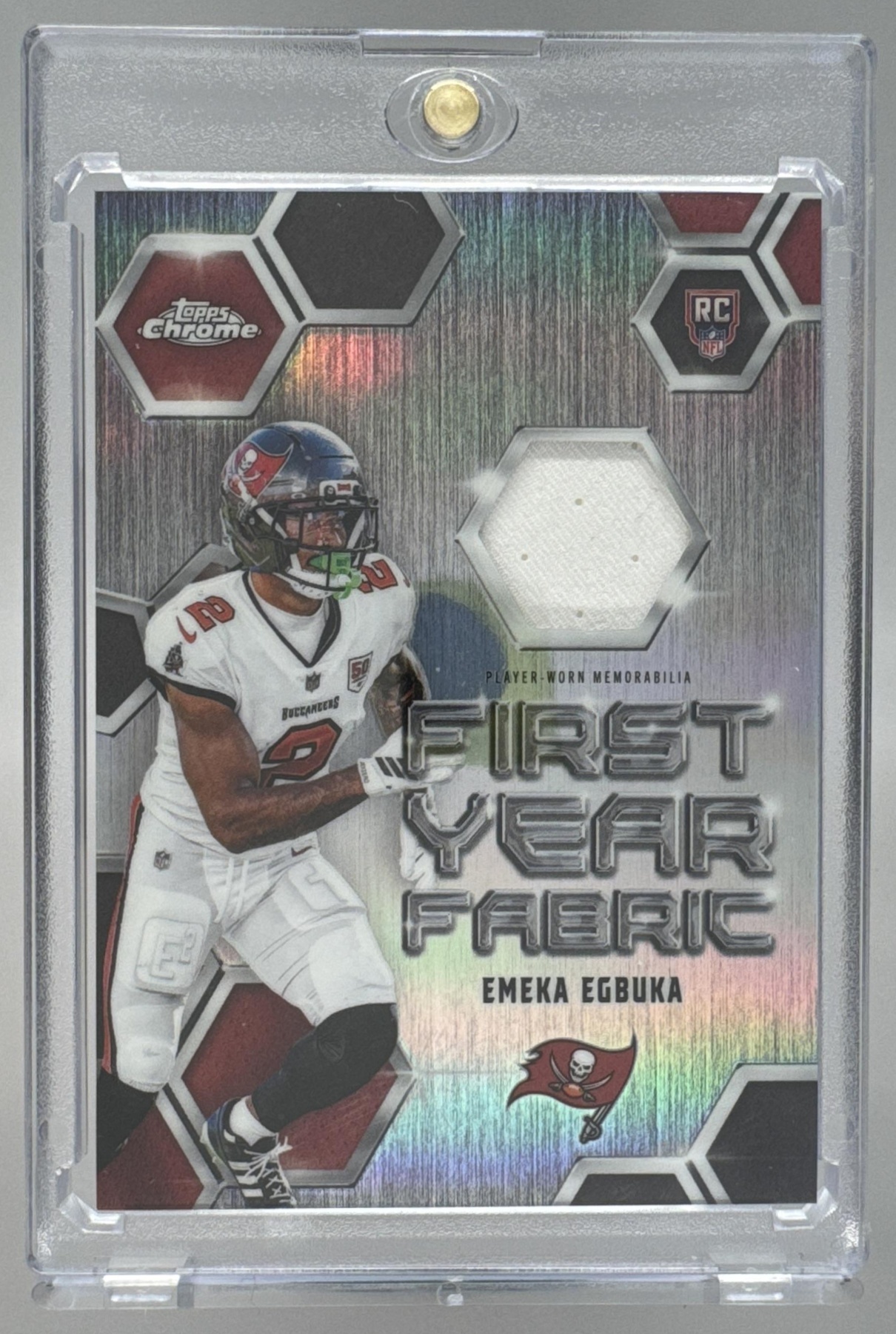 Card image for 2025 Topps Chrome Emeka Egbuka First Year Fabric #FYF-EE MEM RC Buccaneers