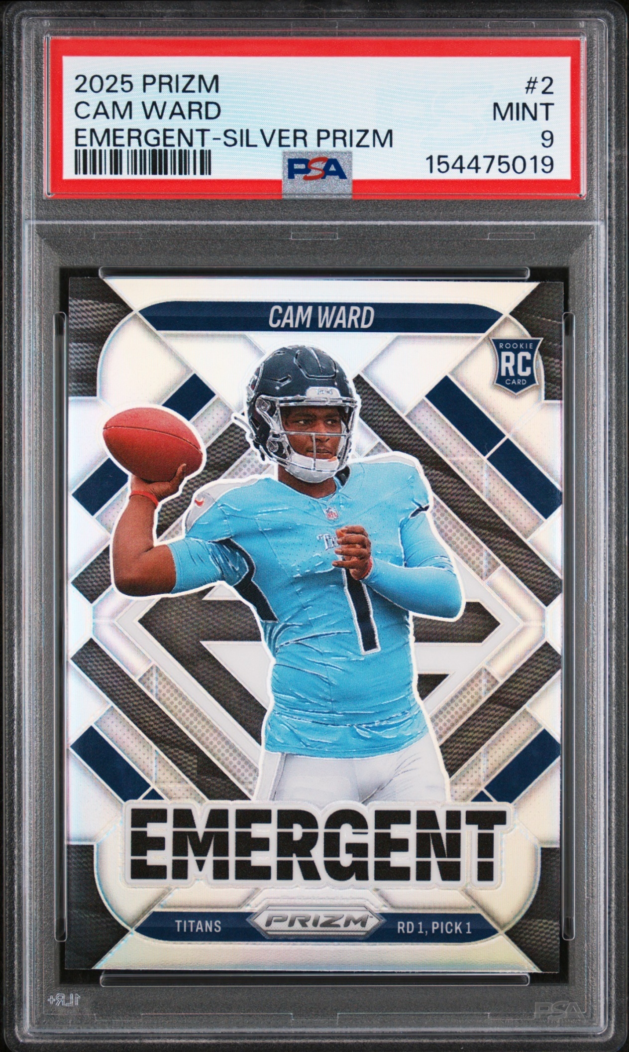 Card image for 2025 Panini Football Prizm Cam Ward Emergent Silver #2 Tennessee Titans