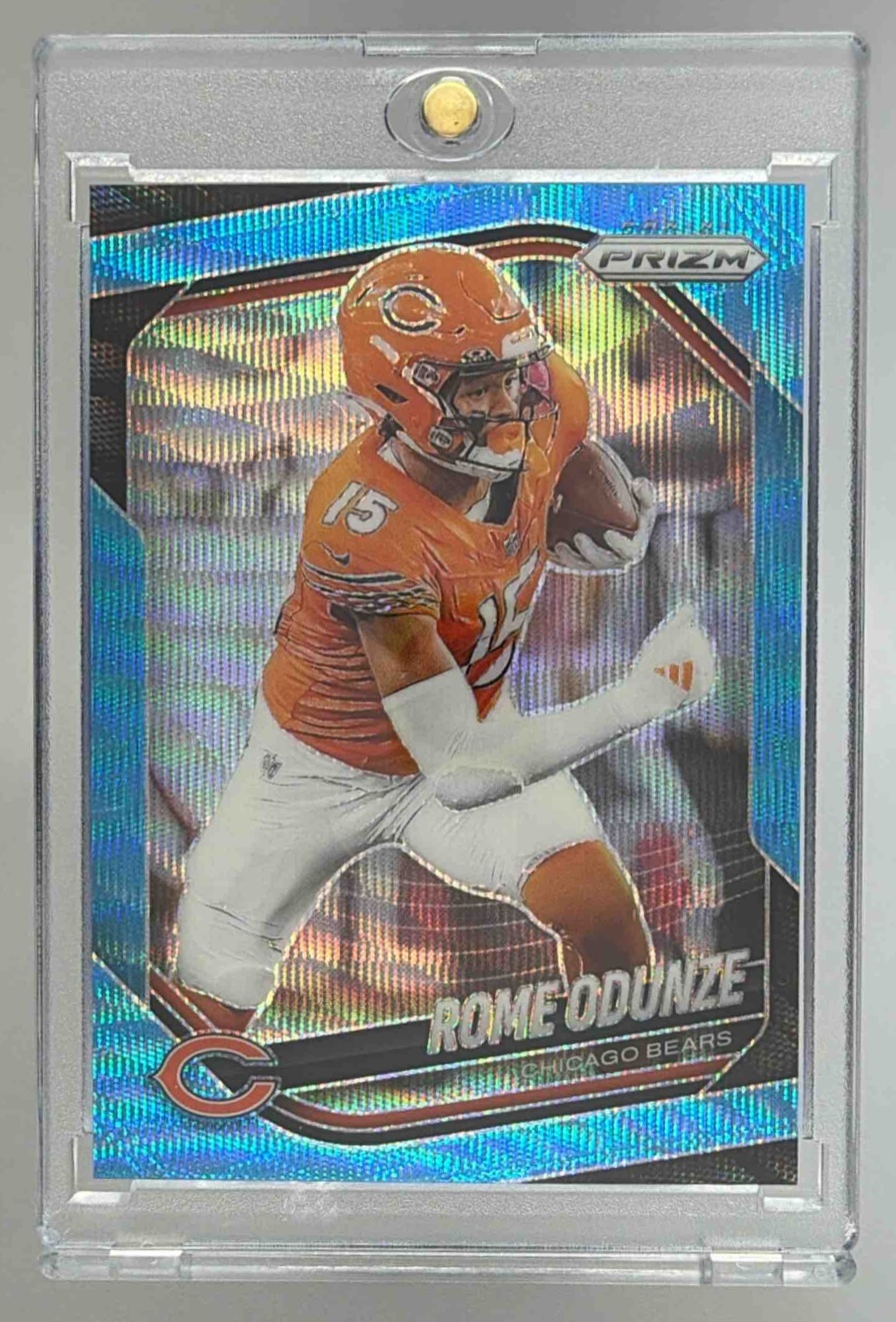 Card image for 2025 Panini Football Prizm Rome Odunze Blue Wave /230 #8 Chicago Bears