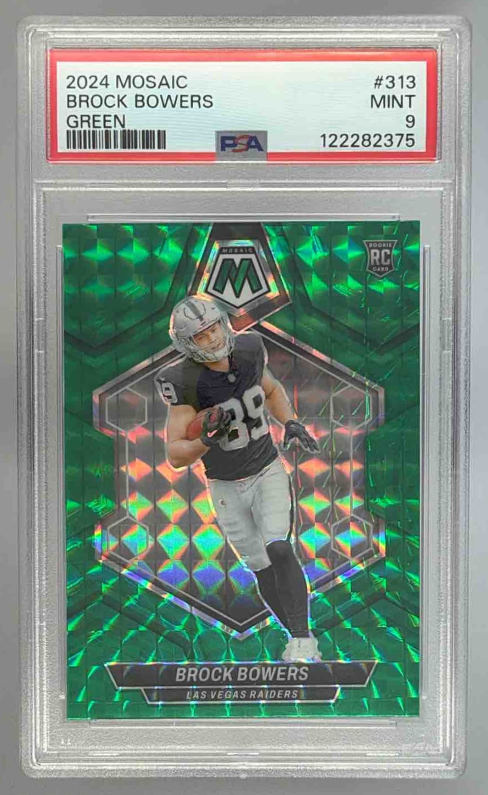 Card image for 2024 Panini Football Mosaic Brock Bowers Green Prizm #313 RC Las Vegas Raiders