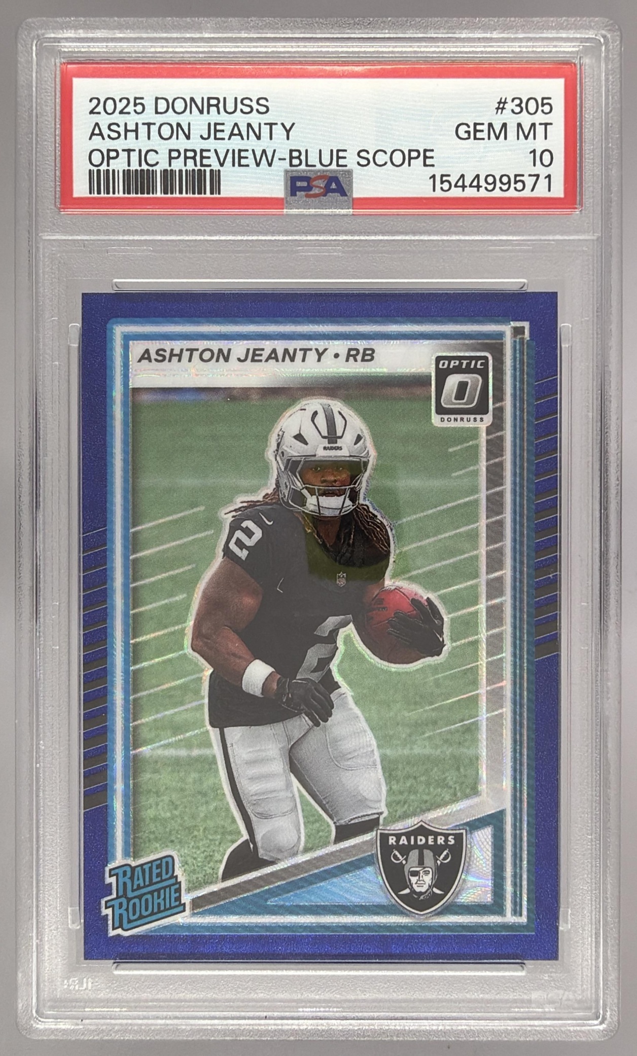 Card image for 2025 Panini Donruss Ashton Jeanty Optic Rated Rookie Preview Blue Scope #305 RC Raiders