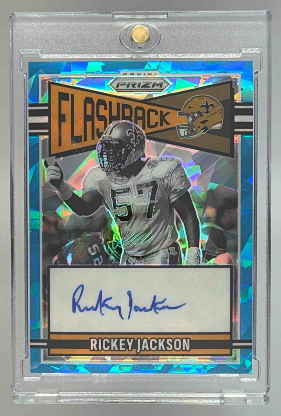 Card image for 2025 Panini Prizm Rickey Jackson Flashback Auto Blue Ice /99 #FLA-RJN Saints