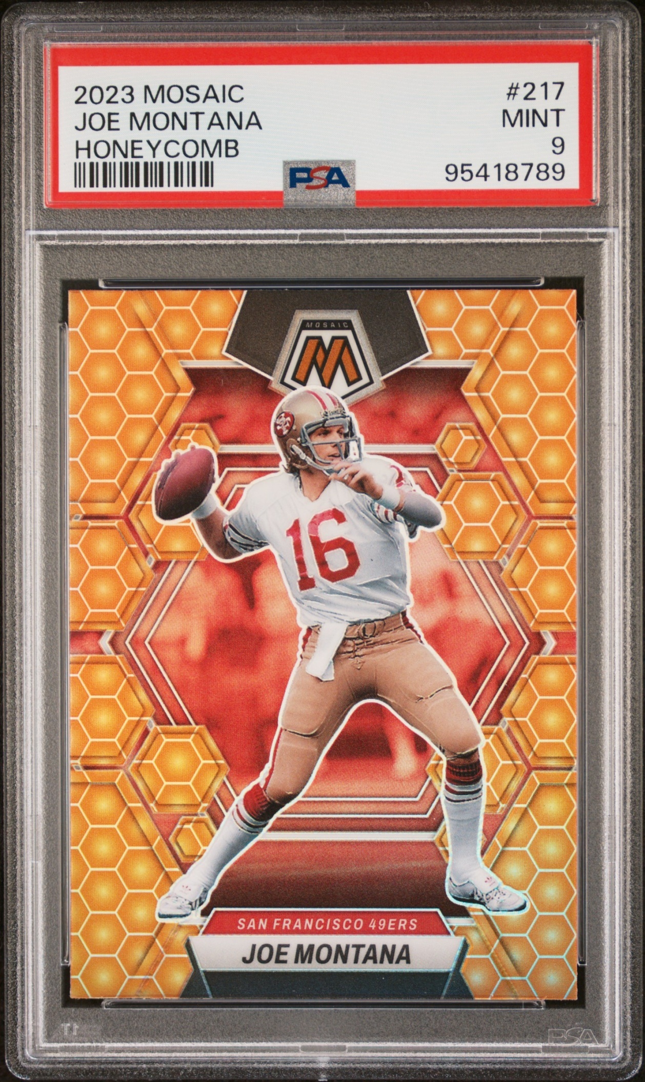 Card image for 2023 Panini Football Mosaic Joe Montana Honeycomb #217 San Francisco 49ers