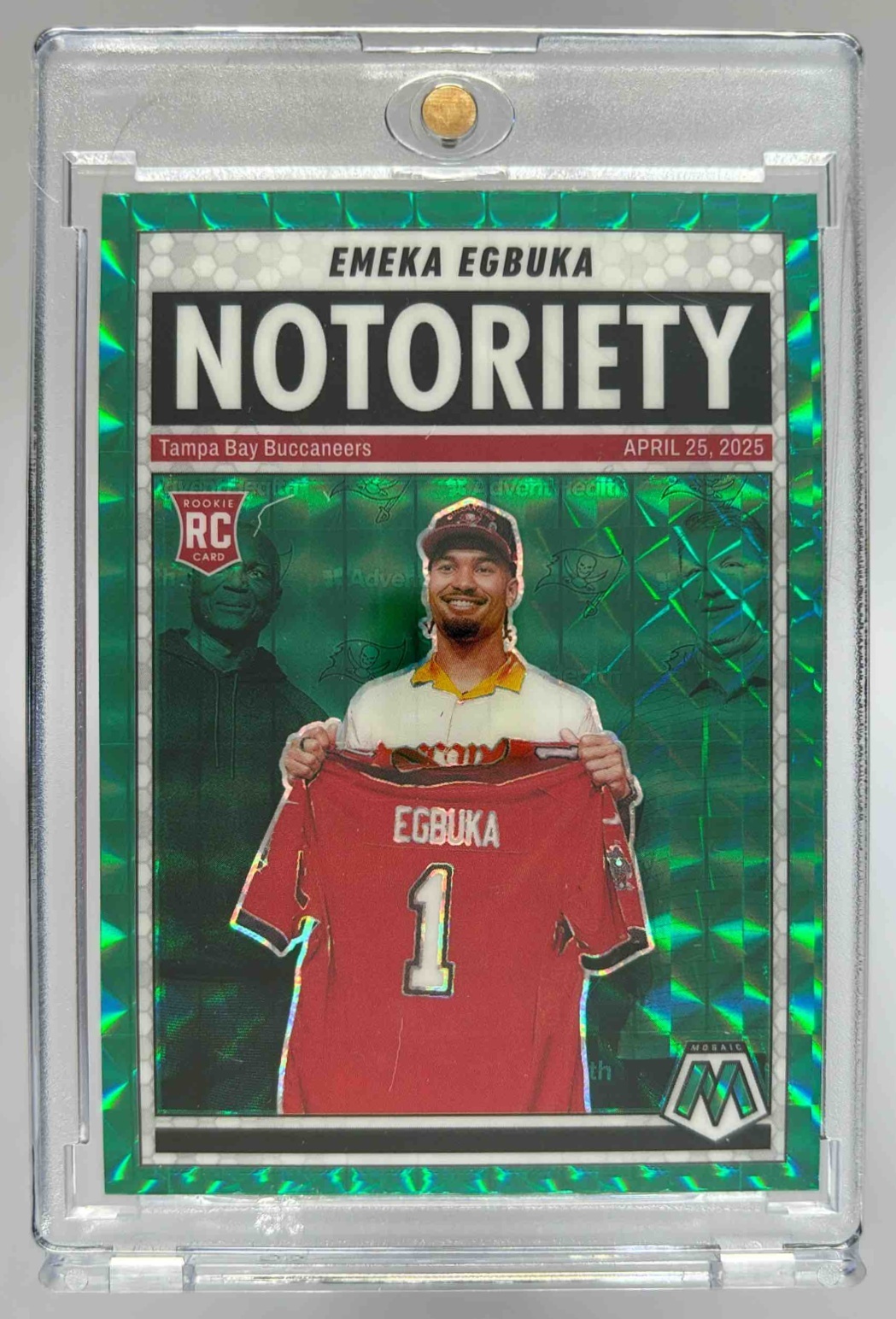 Card image for 2025 Panini Football Mosaic Emeka Egbuka Notoriety #16 RC Tampa Bay Buccaneers