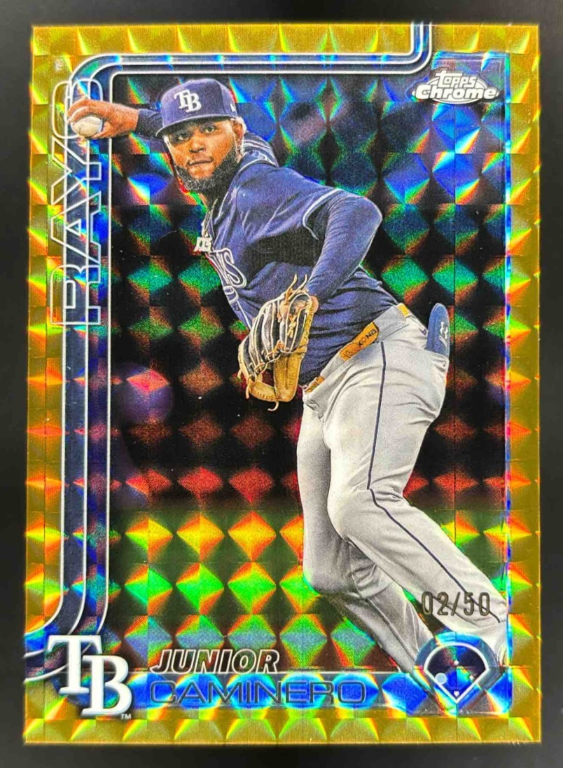 Card image for 2025 Topps Chrome Update Junior Caminero Gold Geometric Refractor /50