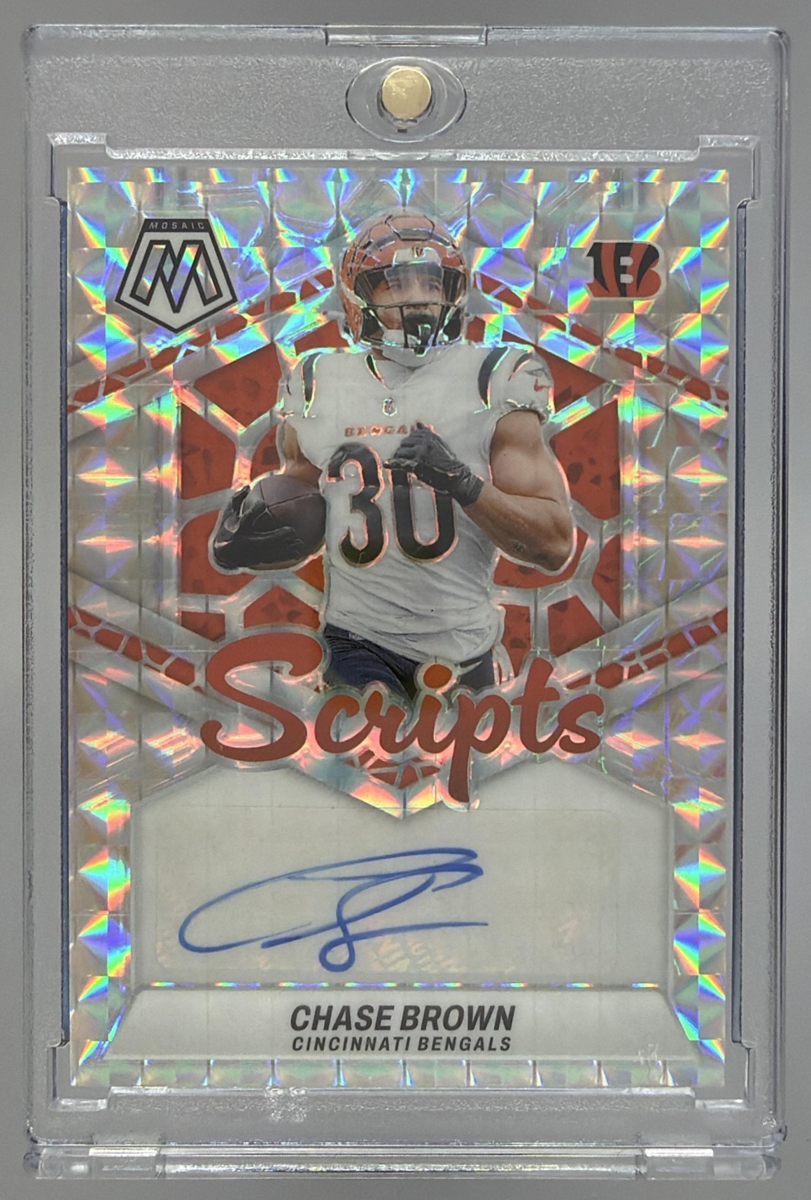 Card image for 2024 Panini Mosaic Chase Brown Scripts Mosaic Prizm #SC-CBR Auto Bengals