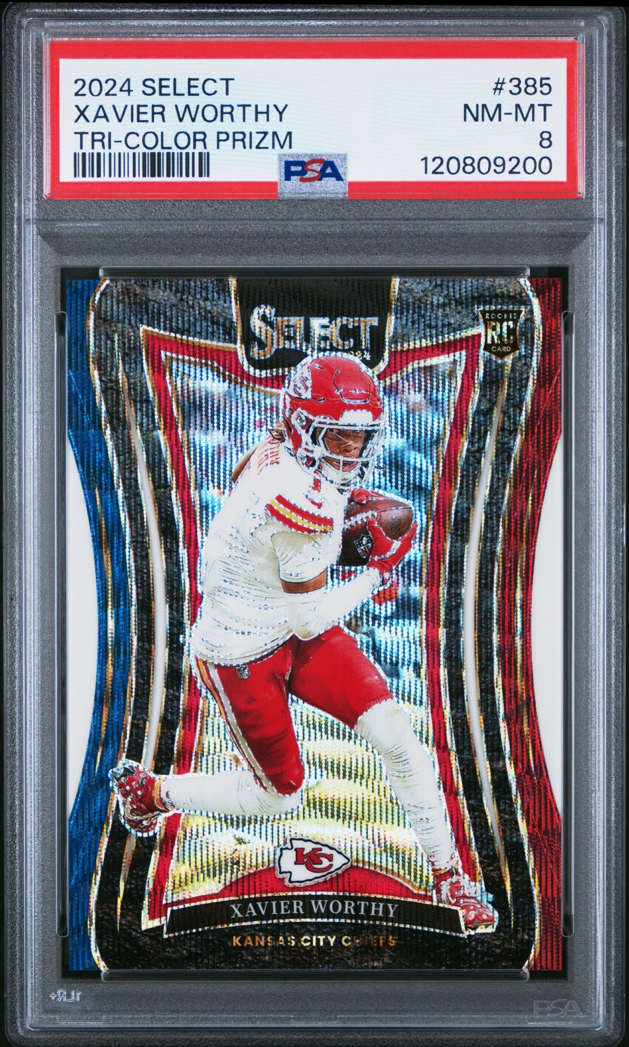 Card image for 2024 Panini Select Xavier Worthy Suite Tri-Color Prizm /149 #385 RC Chiefs